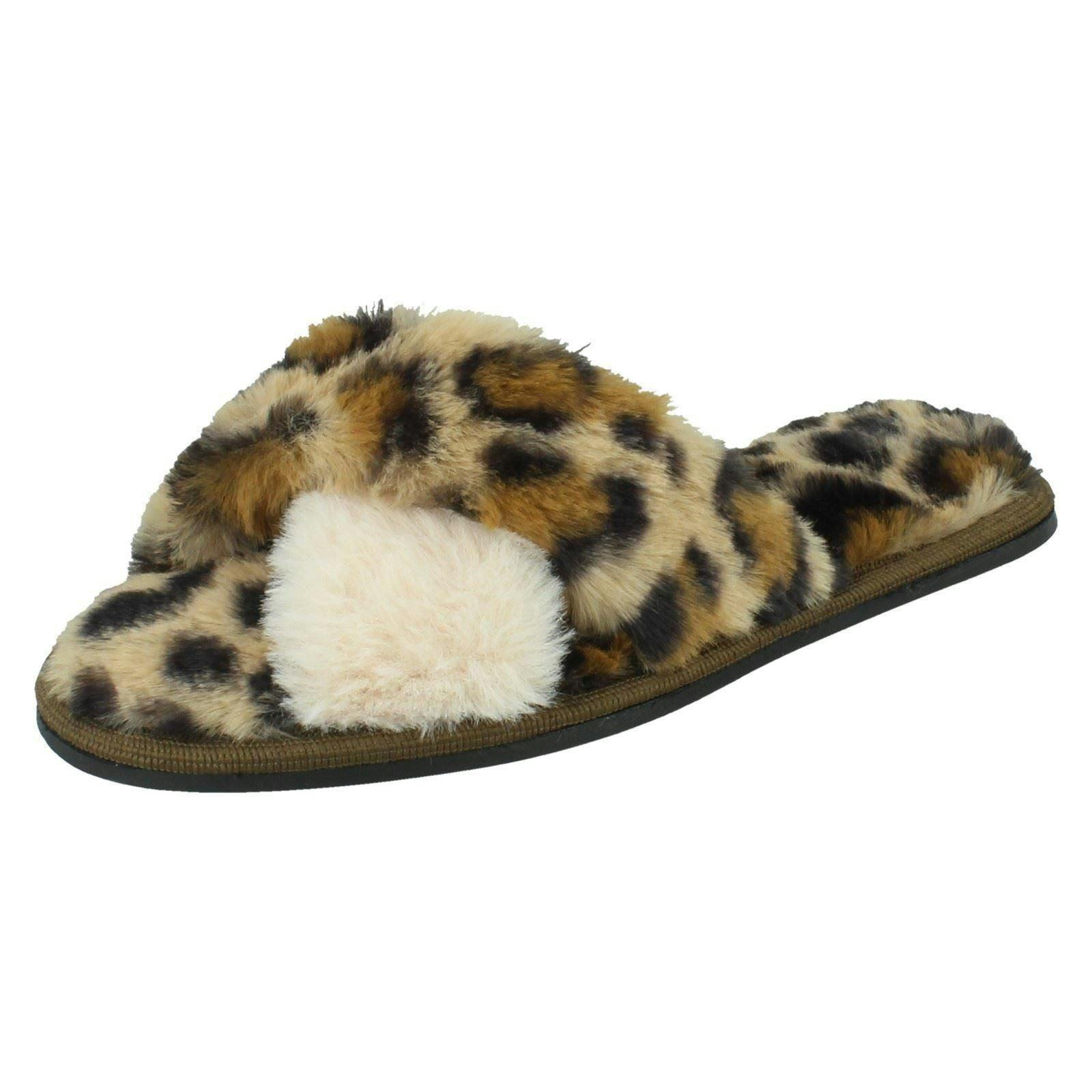 Spot On Girls Fluffy Mule Slippers X2122 - Tan Leopard - Uk 1 Child