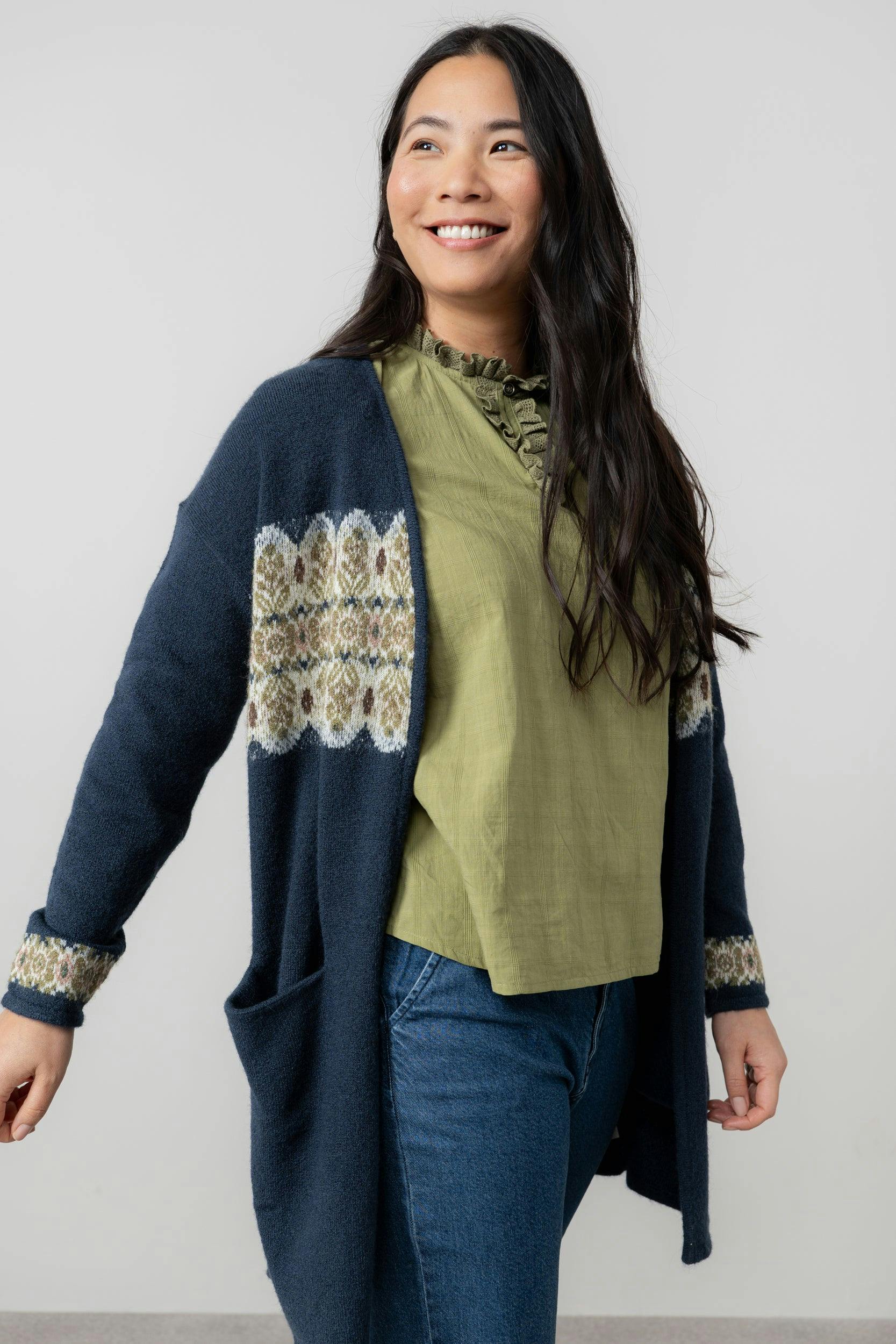 Lily & Me Isle Longline Fair Isle Knit Cardigan Navy - 12 - Navy