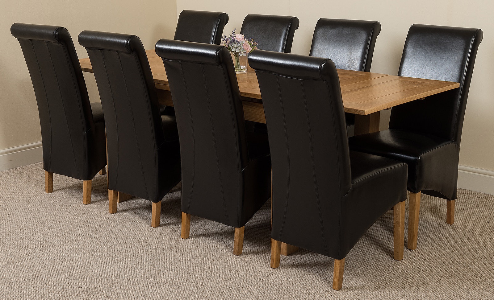 Rackhams Black Richmond Oak Extendable Dining Table With Montana Leather Chairs - 8 Chairs Medium