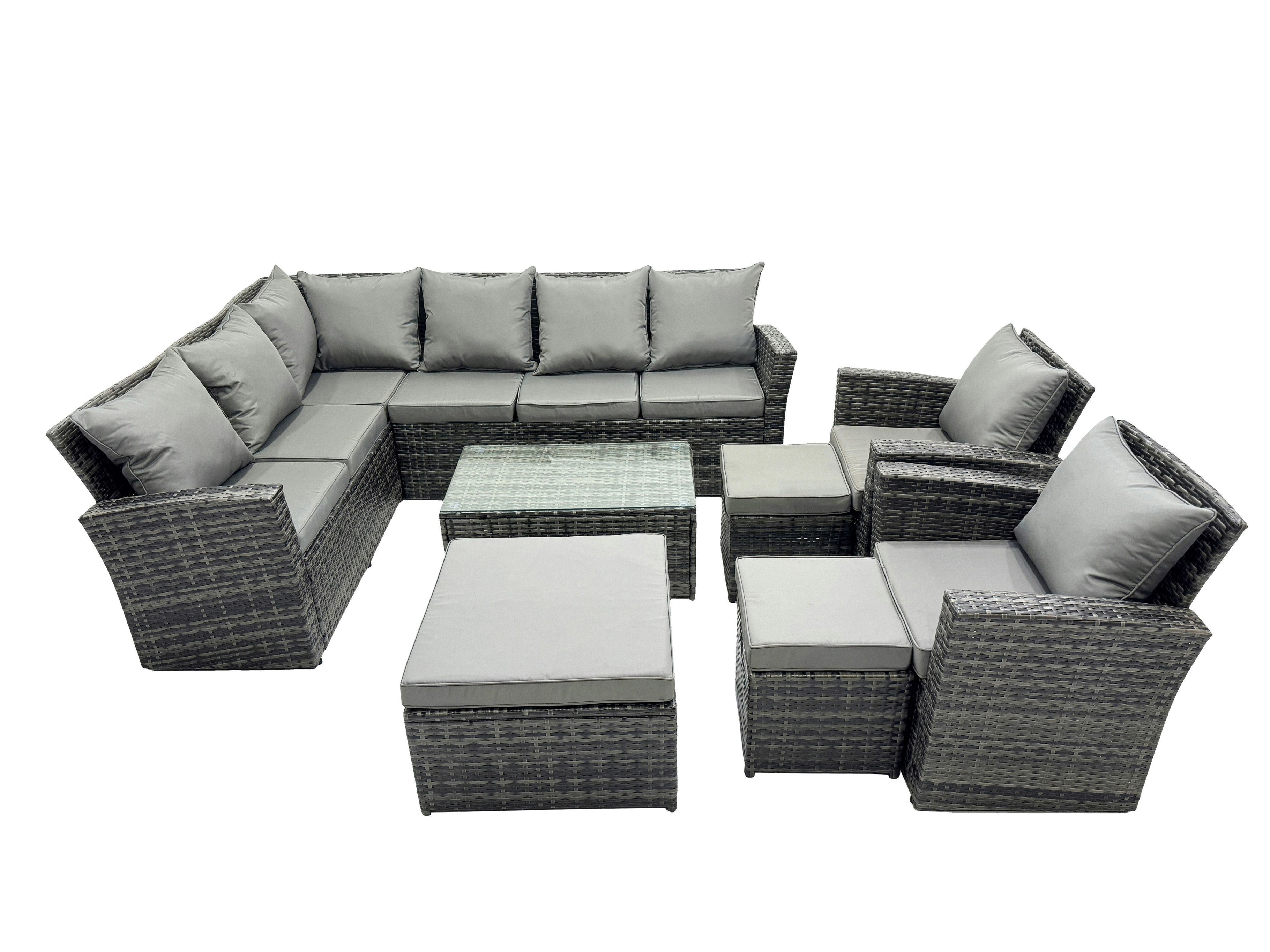 Fimous Dark/Grey 11 Seat Rattan High Back Corner Sofa Set Patio Coffee Table Sets With 3 Stools Chair Mixed