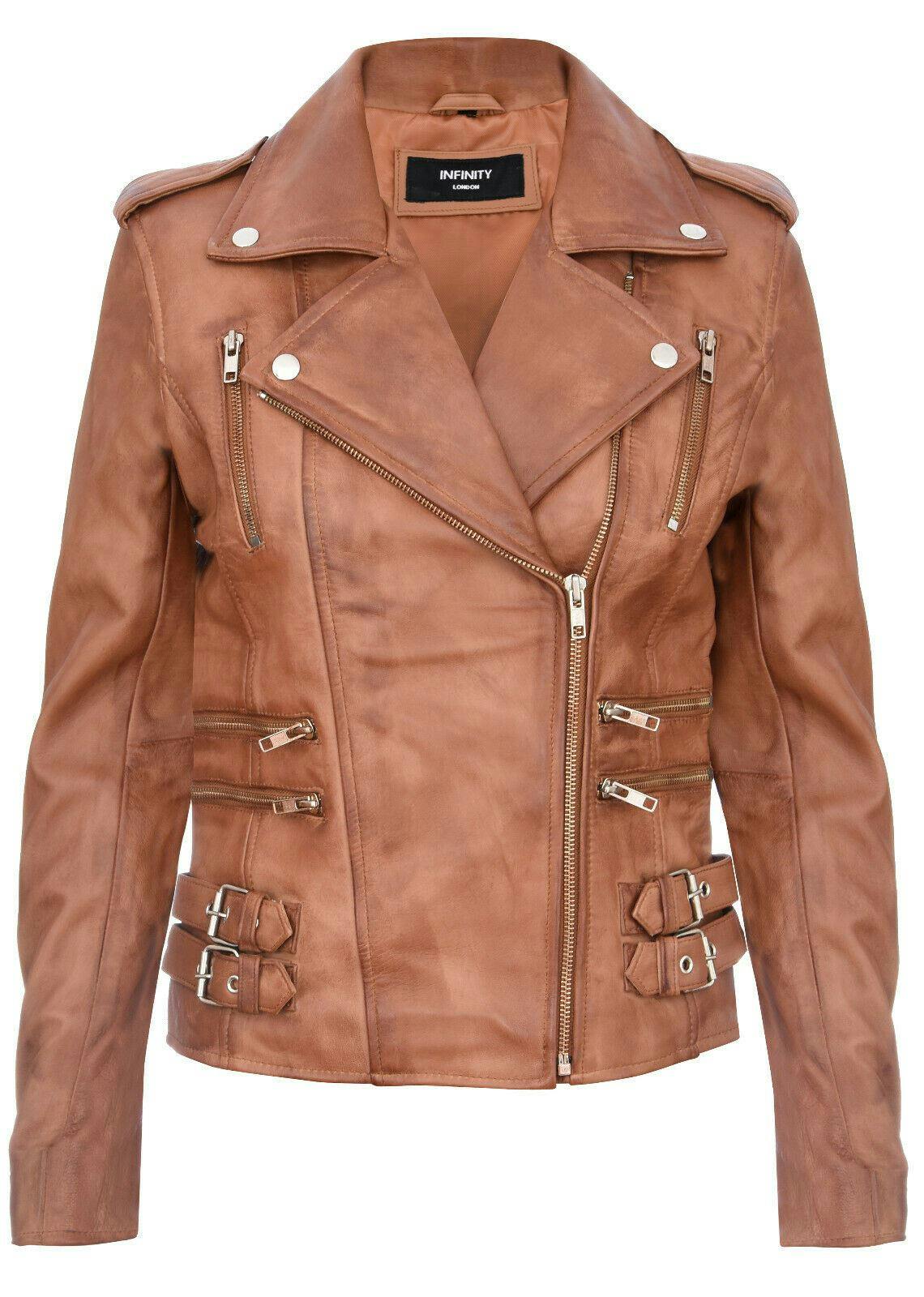 Infinity Leather Women's Leather Brando Biker Jacket-Loddon - Tan - Uk 5XL/24 | Eu 50 | Us 20