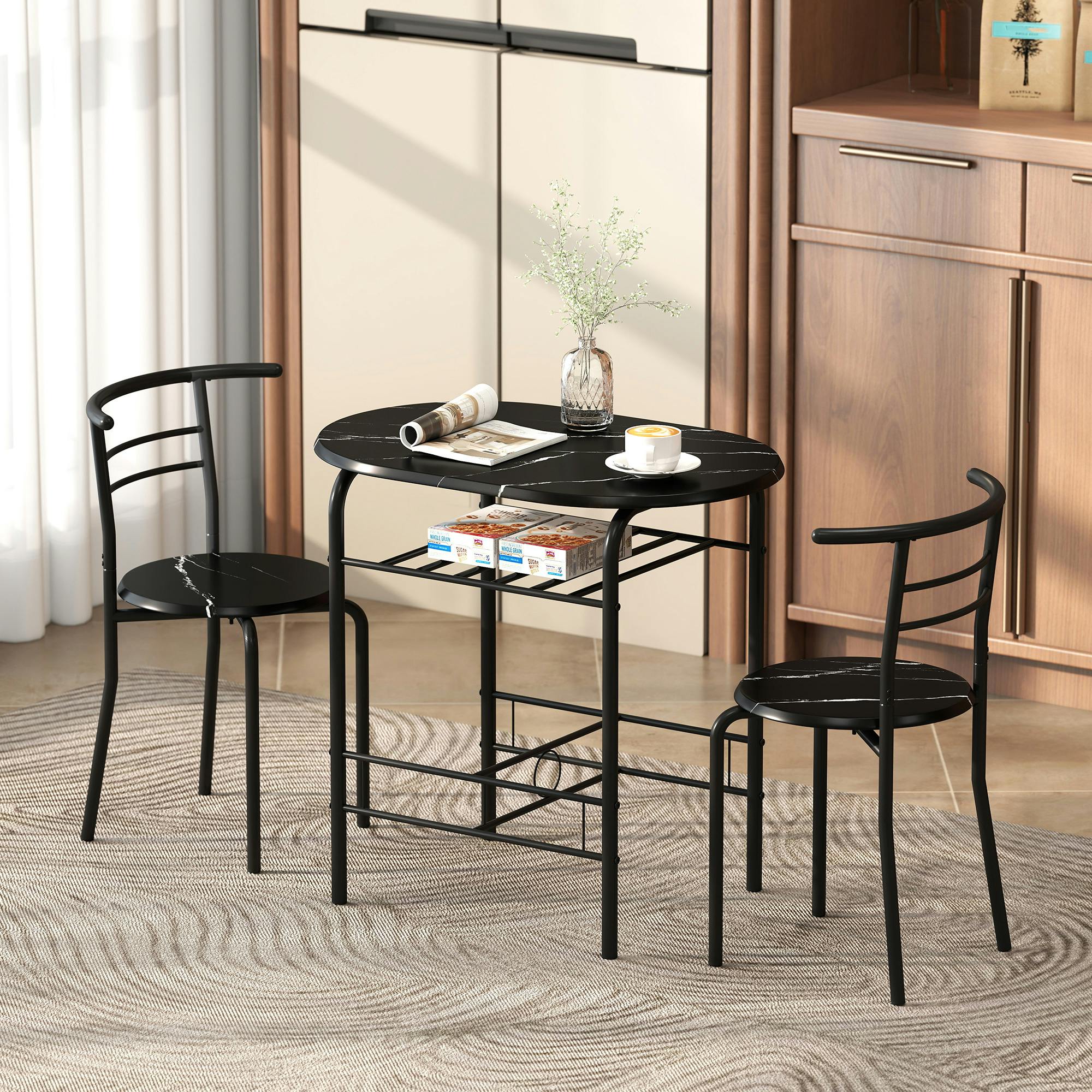 Homcom Black Breakfast Bar Table And Stools Set, Dining Room Set With Shelf,