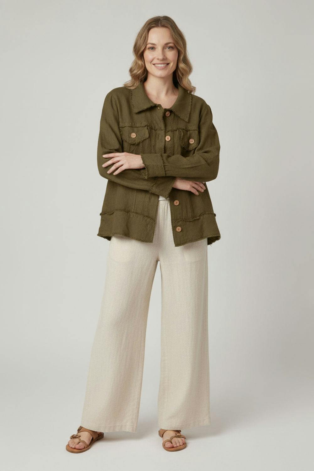Izabel London Frayed Hem Button Front Shirt Jacket - Khaki - 12