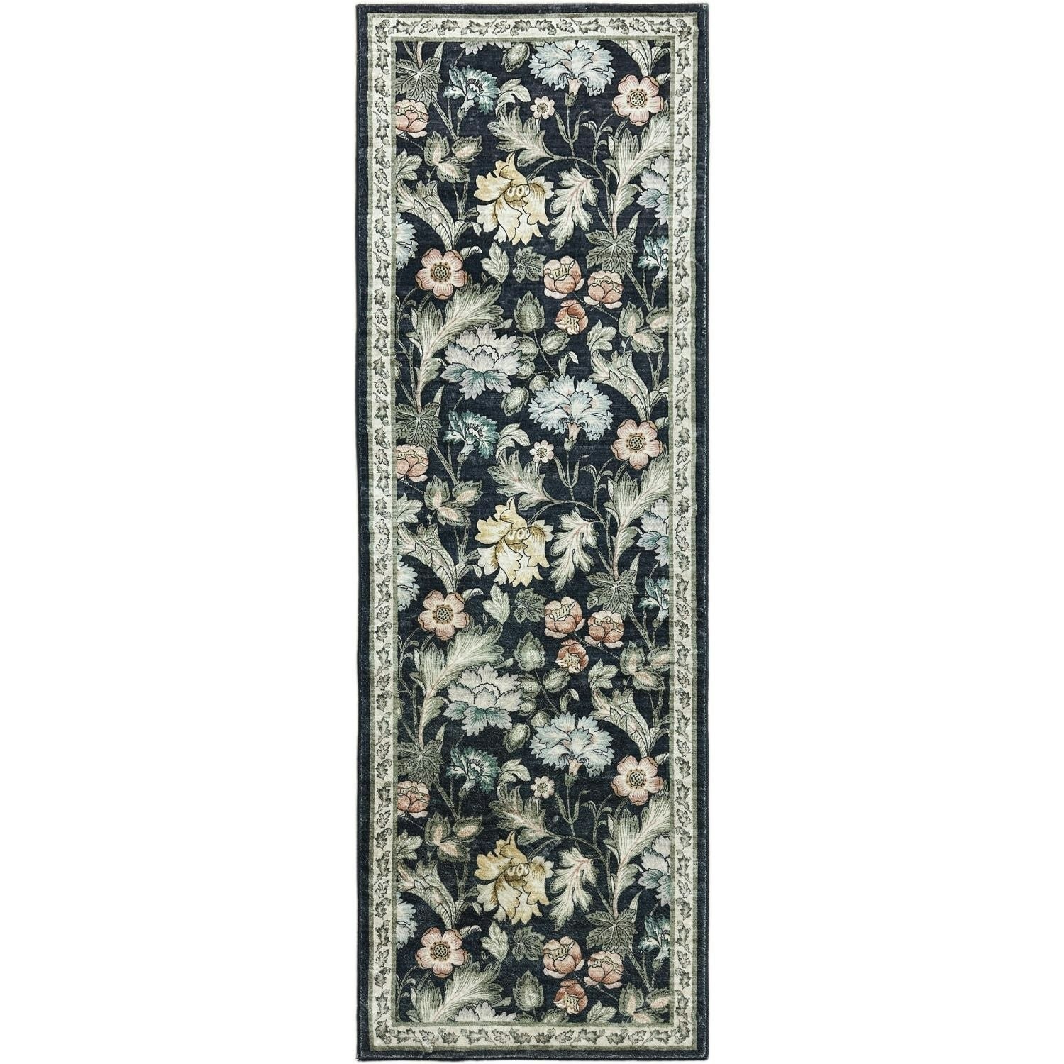 The Rugs Unisex Black Classical Collection Midnight Florals Soft Pile Rug & Runner | Size: 60Cm X 180Cm - Image 2