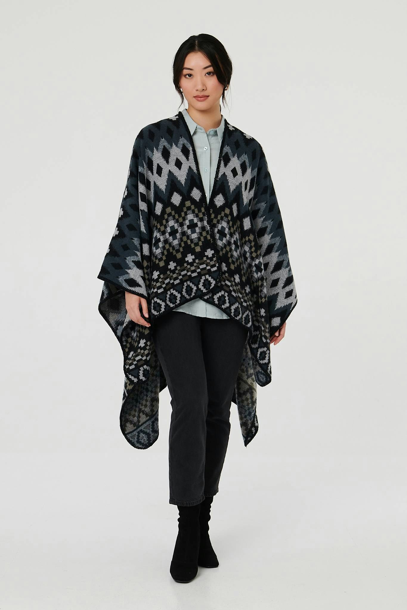 Izabel London Grey Aztec Print Relaxed Longline Poncho - One
