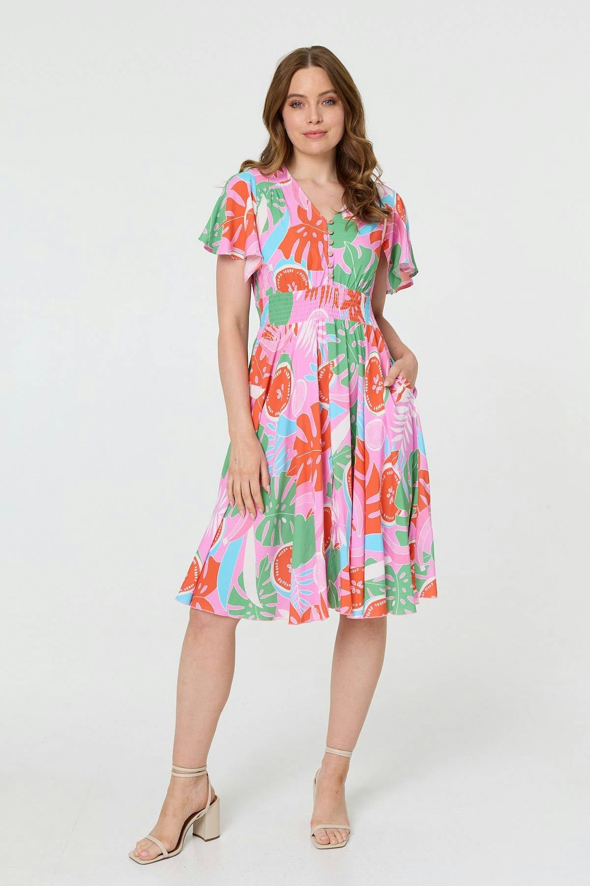 Izabel London Pink Abstract Shirred Knee Length Dress - 12