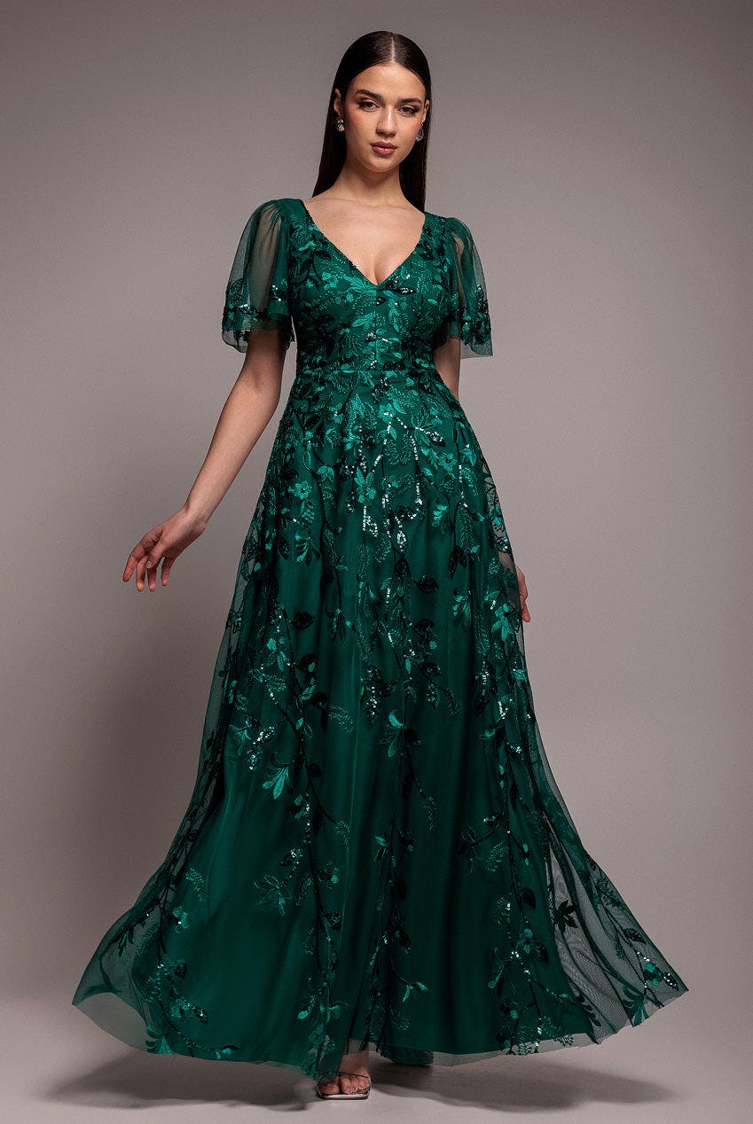 Goddiva Green Flared Sleeve Embroidered Maxi Dress - Emerald By - Emerald - 14