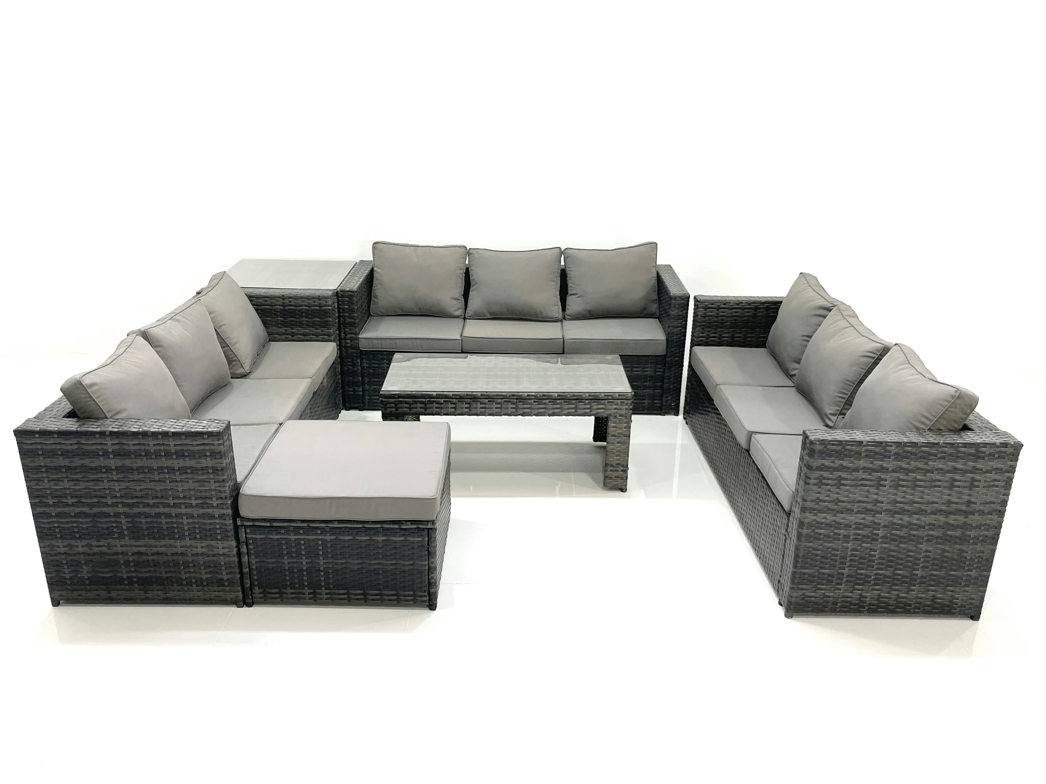 Rackhams Dark/Grey Outdoor Garden Furniture Set 10 Seater Rattan Sofa Set With Coffee Table Big Footstool Side Table Mixed