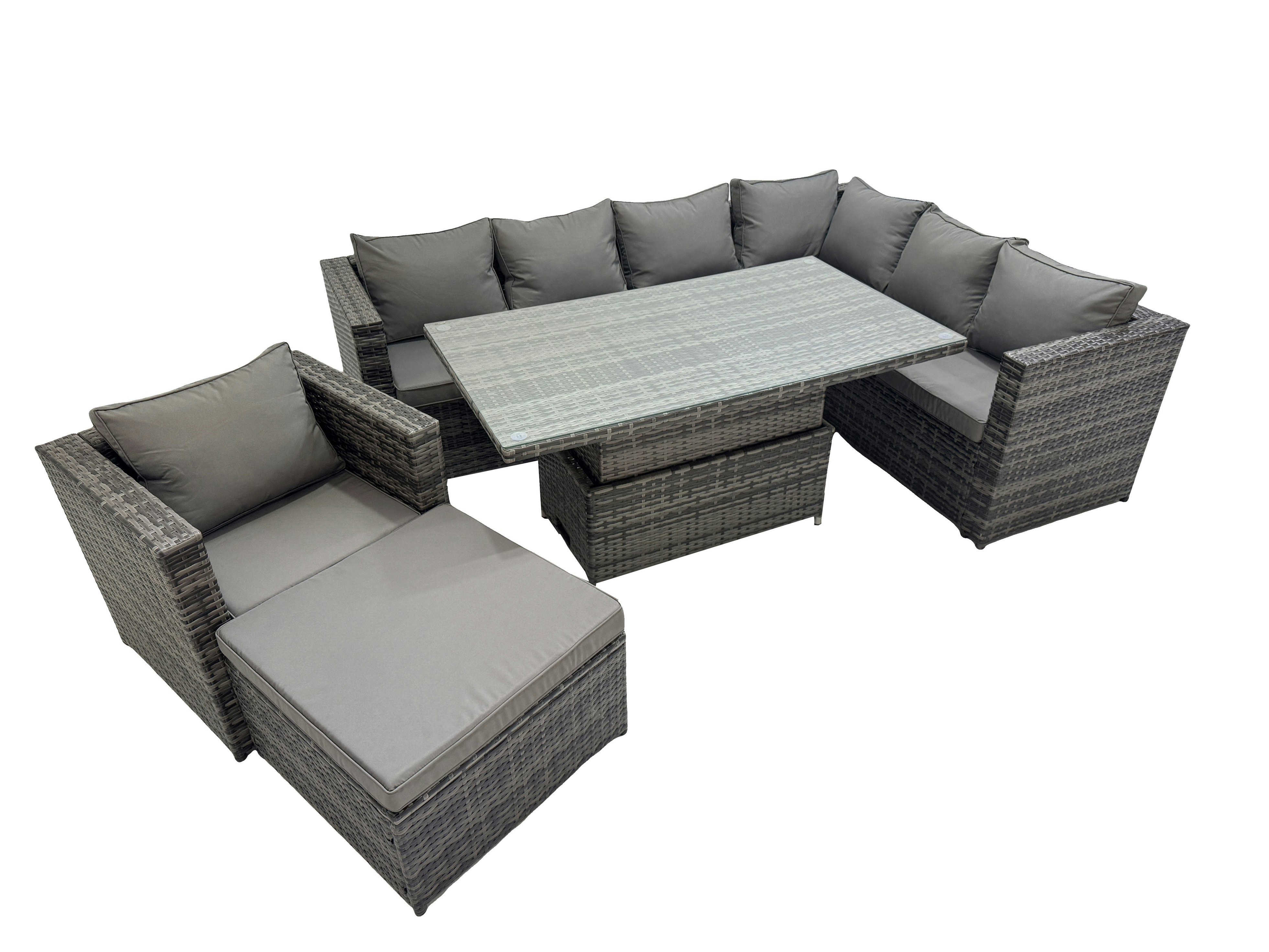 Fimous Dark/Grey 8 Seater Rattan Height Adjustable Rising Lifting Table Corner Sofa Sets With Chair Big Stools Mixed