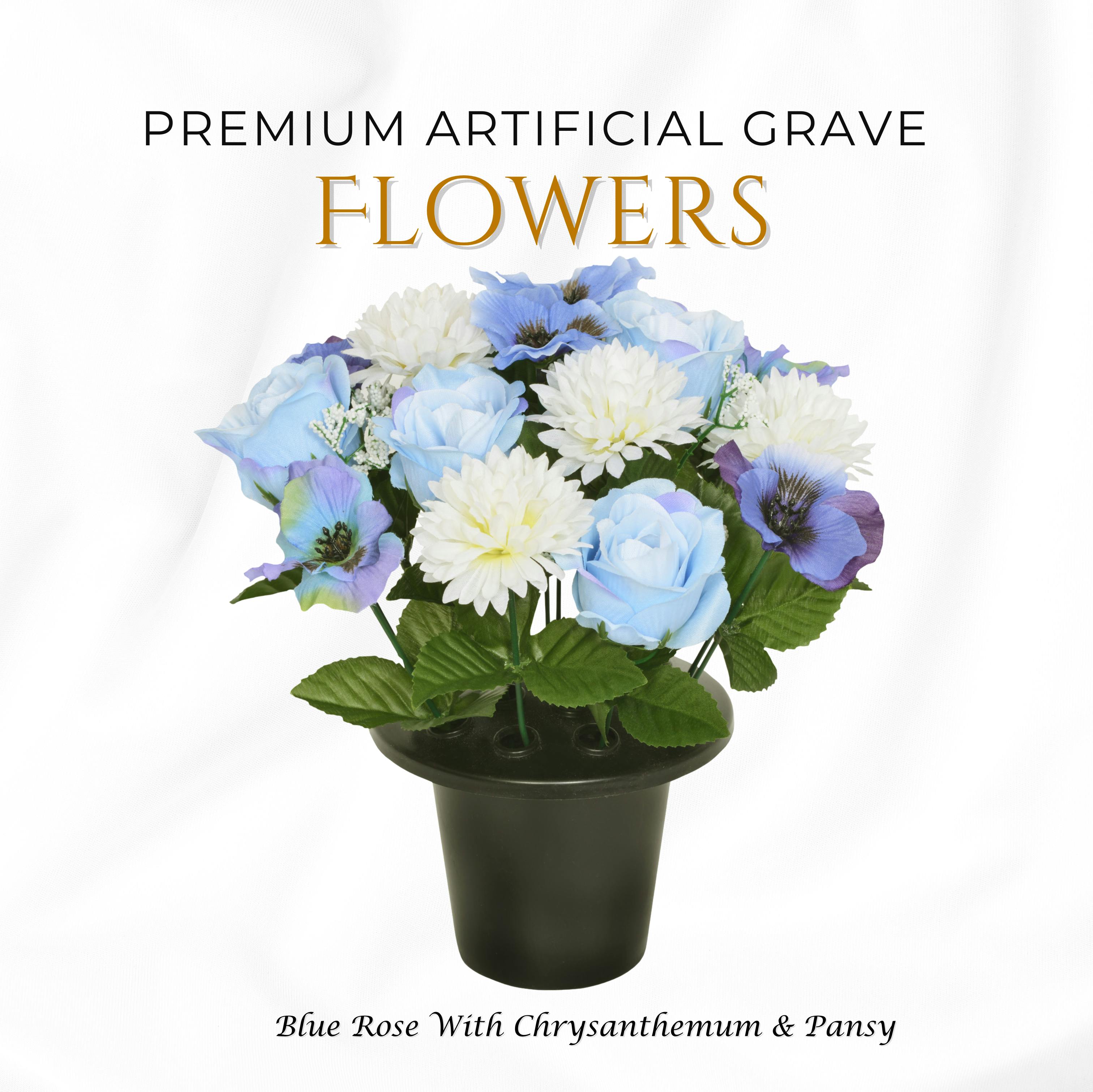 Memorials Direct Blue Premium Artificial Grave Flowers – 25Cm Rose With Chrysanthemum & Pansy | Memorial Vase Pot
