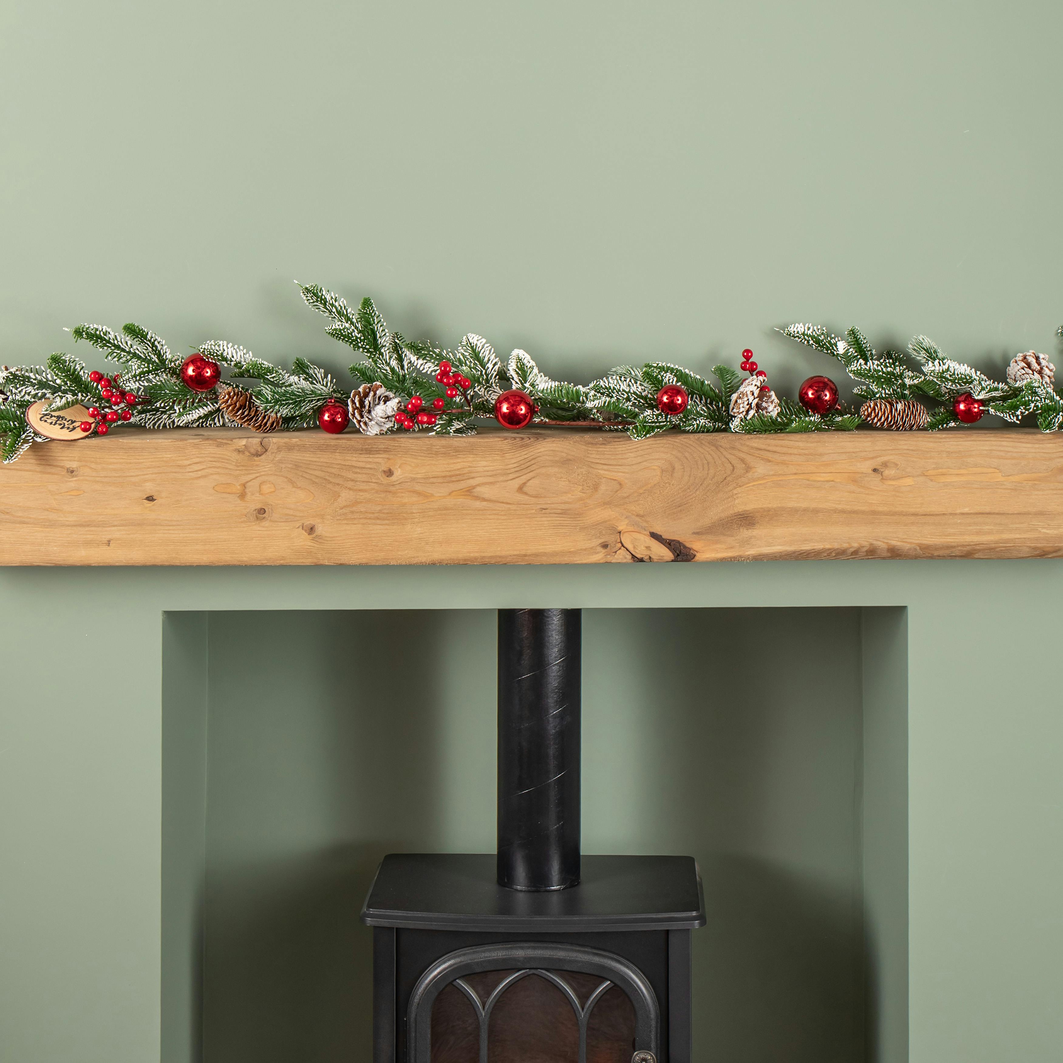 Red 1.9M Christmas Frosted Pinecone Garland With Berries And Baubles - Image 5