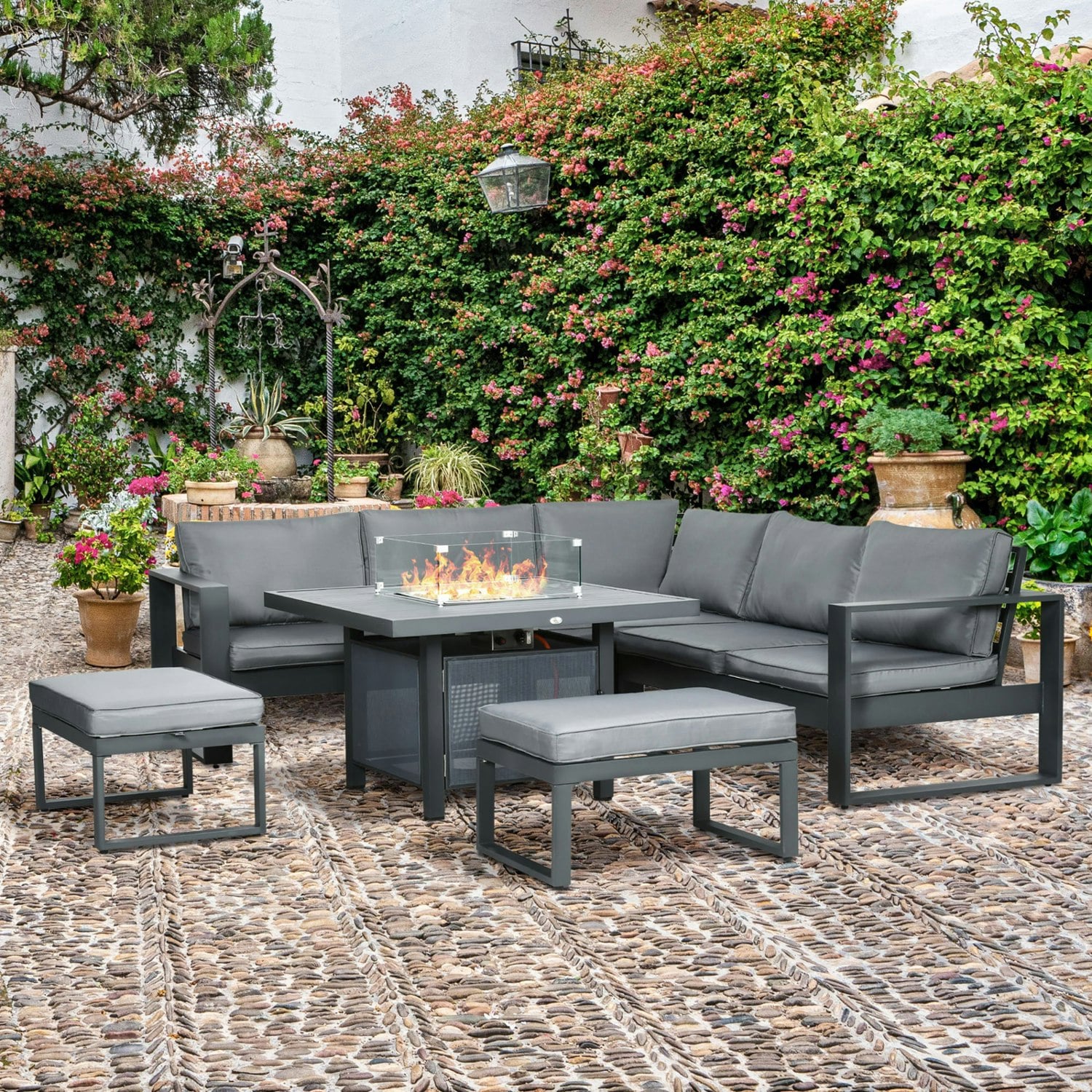 Rackhams 6-Piece Garden Furniture Set With Firepit Table Outdoor Sofa Aluminium