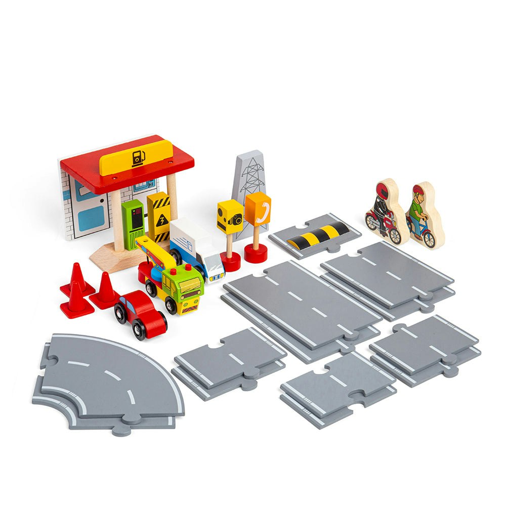 Bigjigs Rail Yellow Wooden Roadway Accessory Pack - 54 Pieces