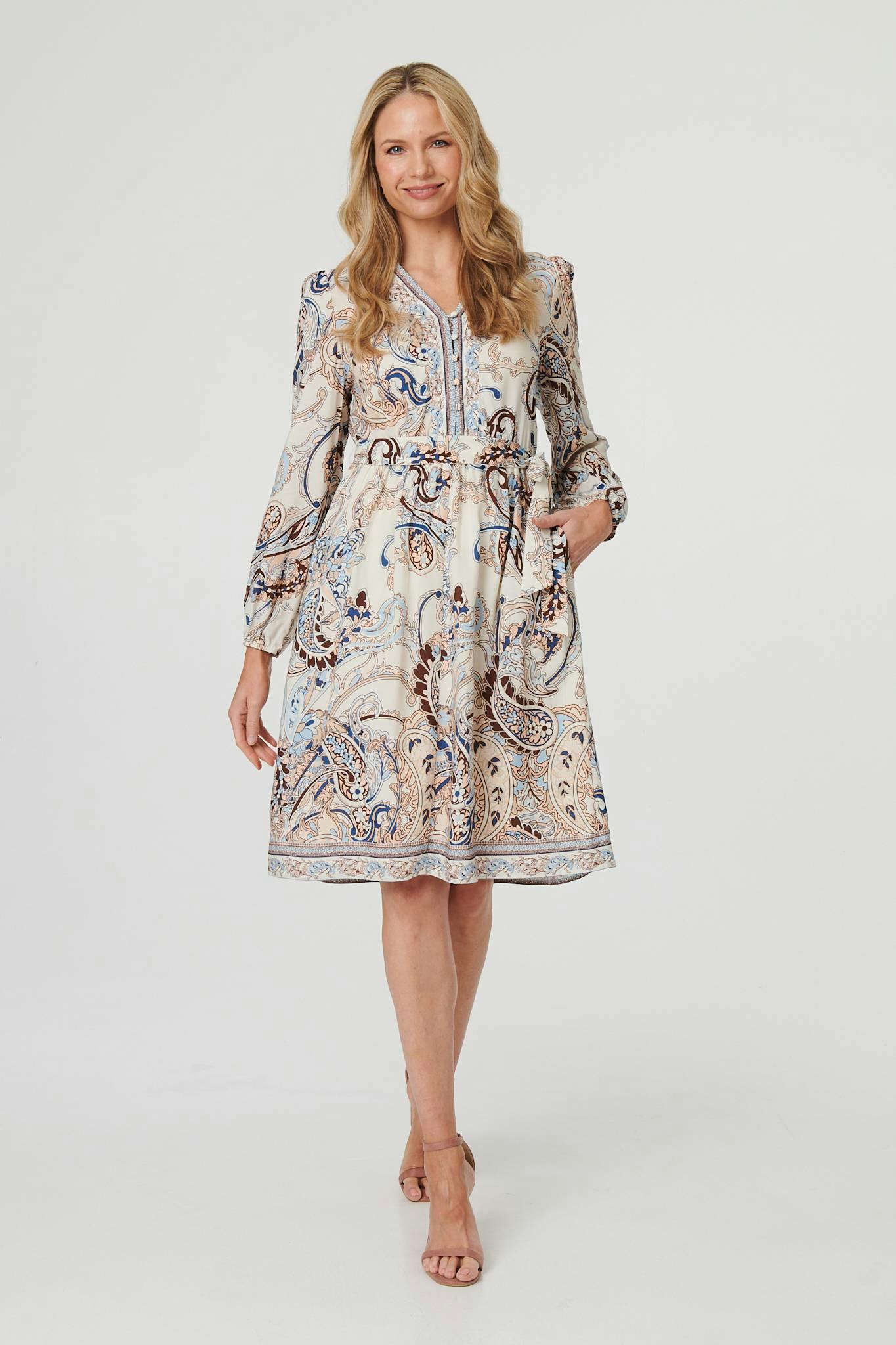 Izabel London Blue Abstract Tie Waist Knee Length Dress - 8