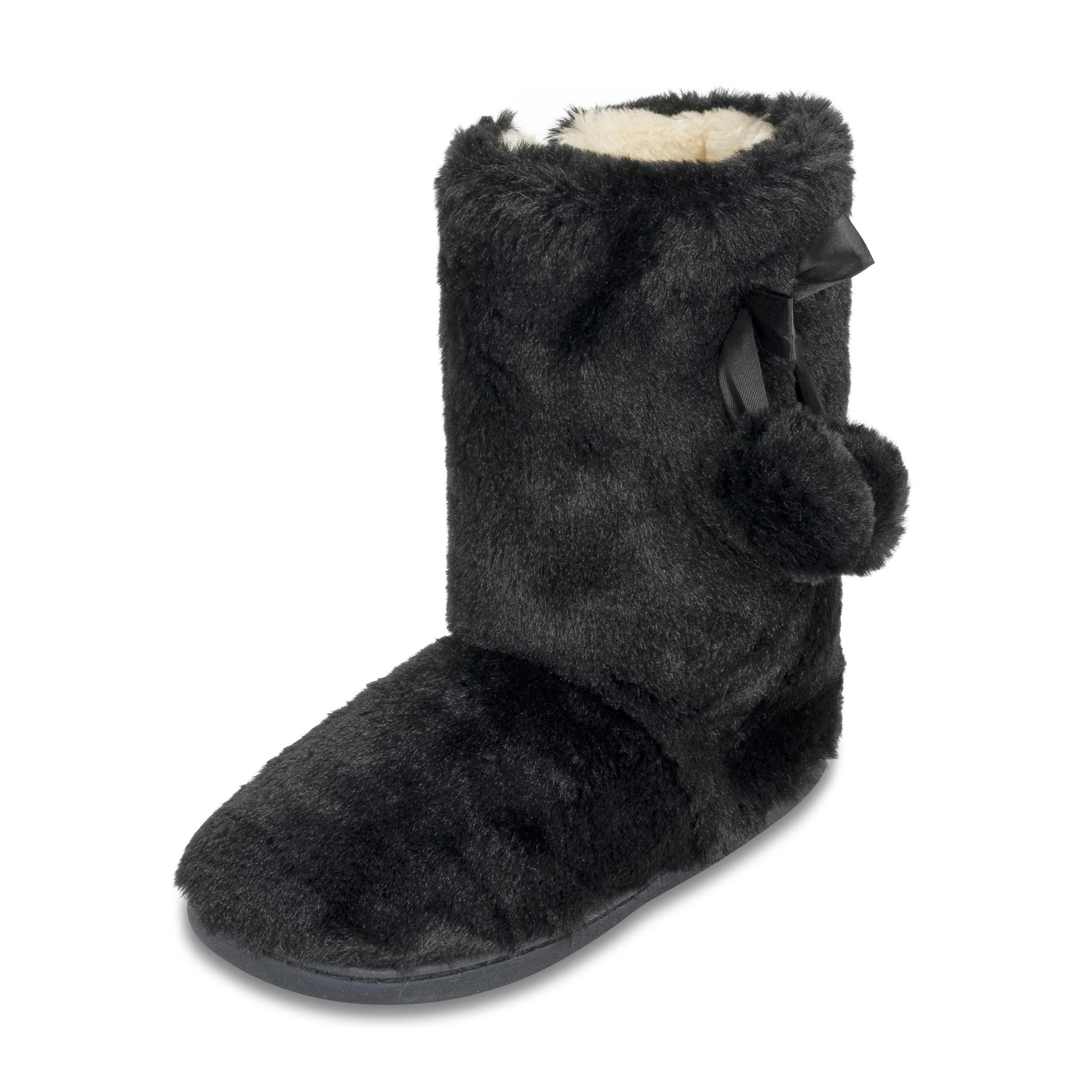 Viva Women's Black Polar Faux Fur Fluffy Indoor Slipper Boots With Cute Pom Poms - 5