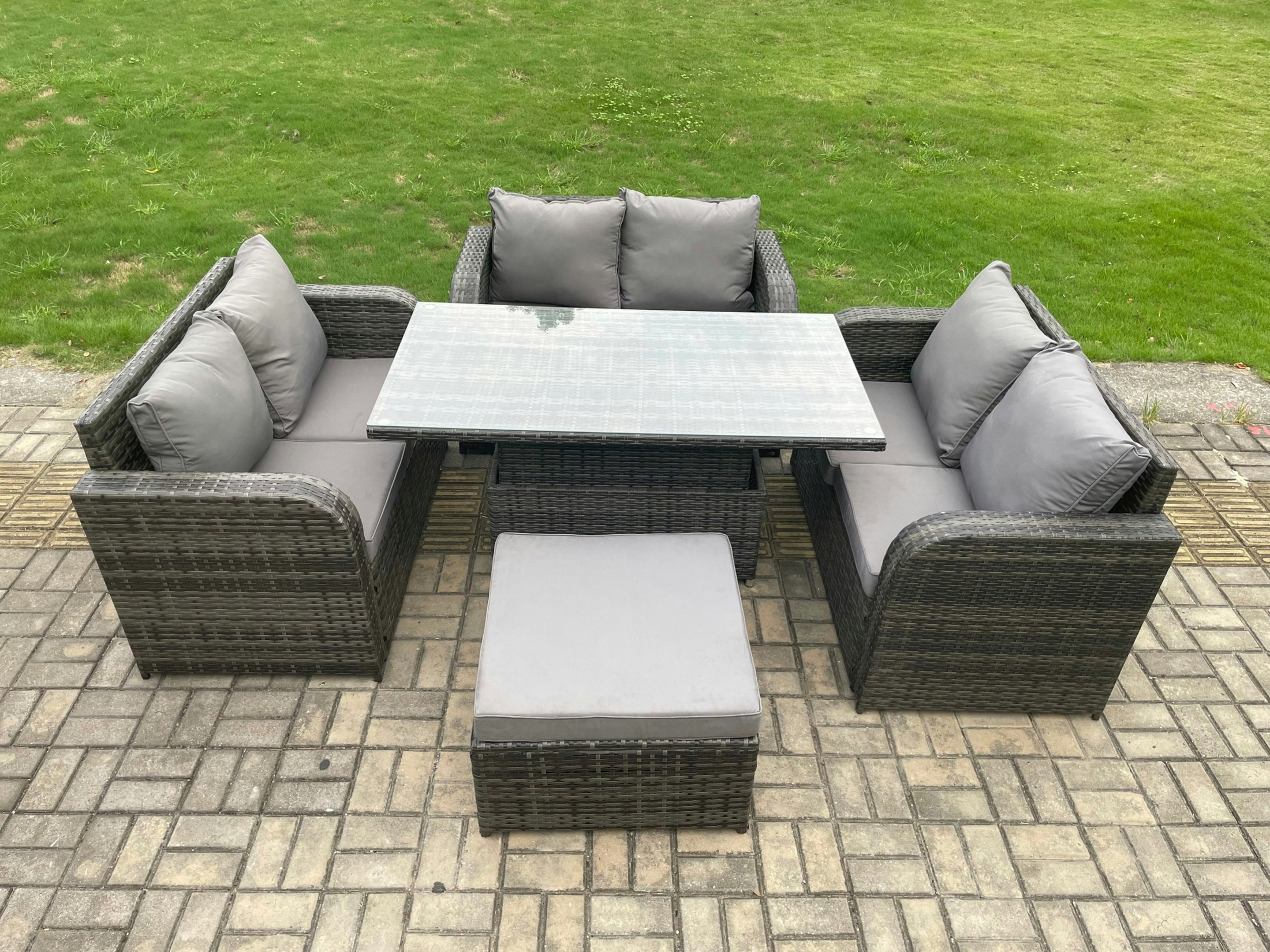 Fimous Dark/Grey Rattan Garden Outdoor Furniture 3 Pc Love Sofa Set Patio Adjustable Rising Lifting Dining Table With Big Footstool