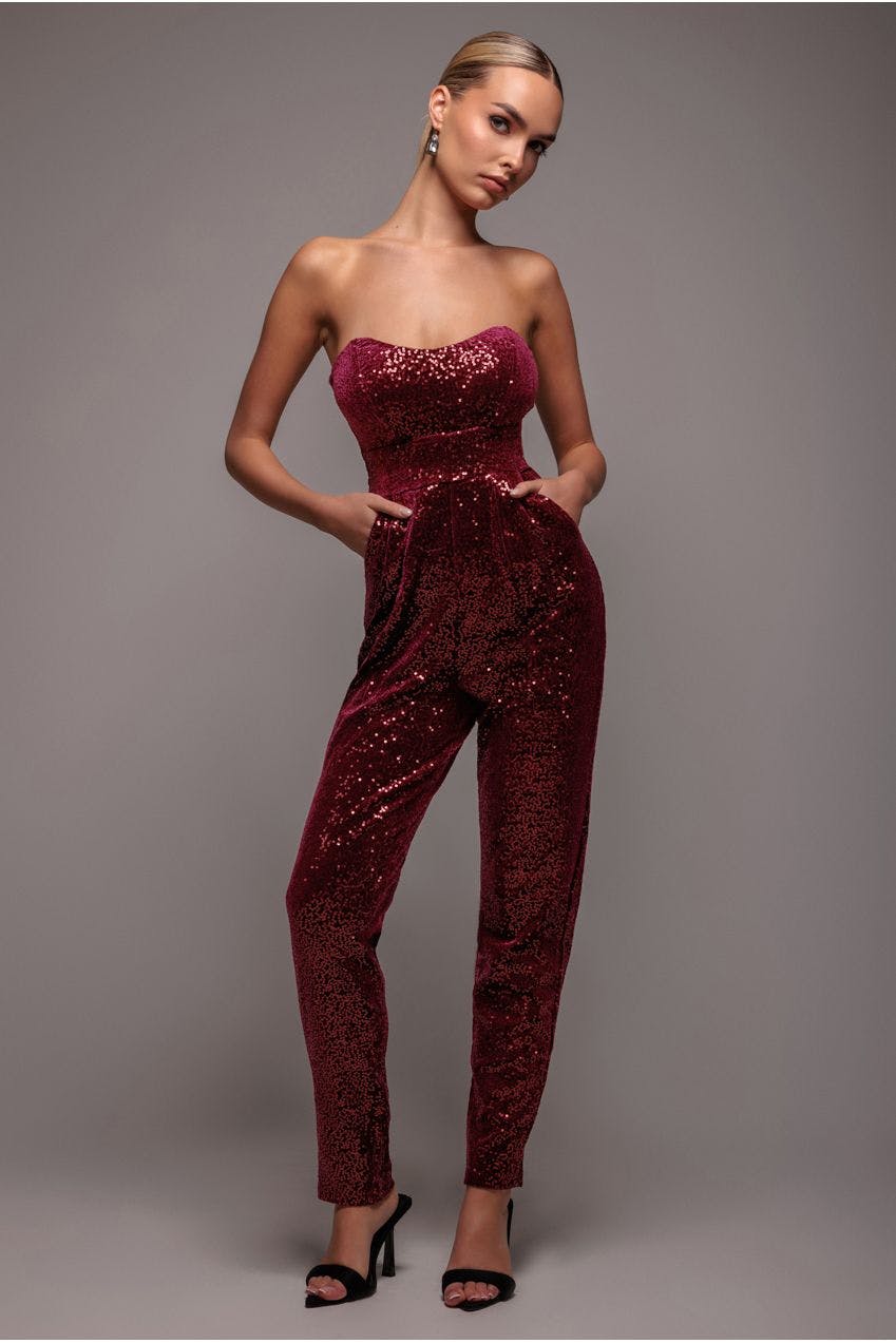 Goddiva Light Sequin & Velvet Corset Jumpsuit - Wine By - Wine - 8