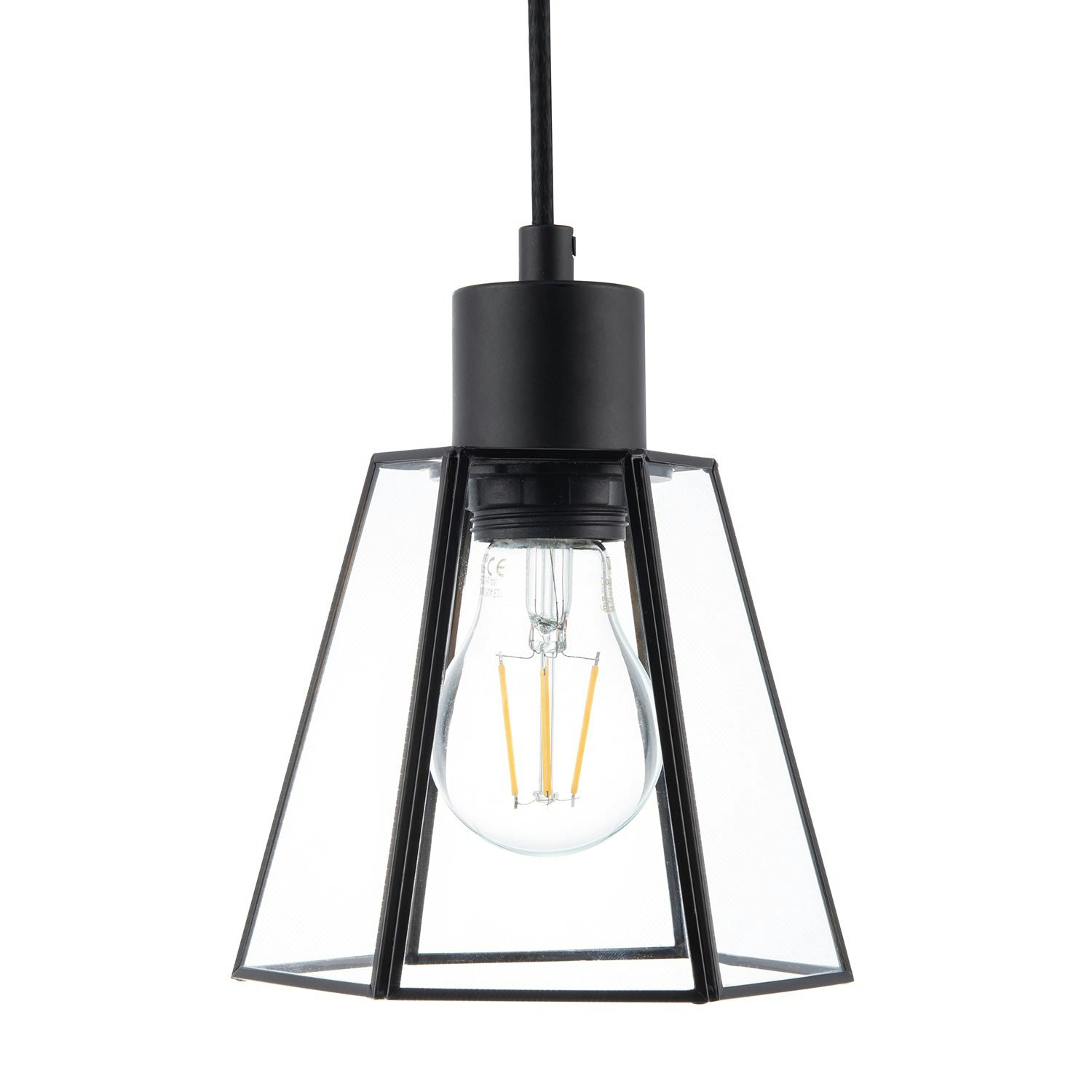 Rackhams Black Industrial Lantern Pendant Lamp Shade In Matte With Clear Glass