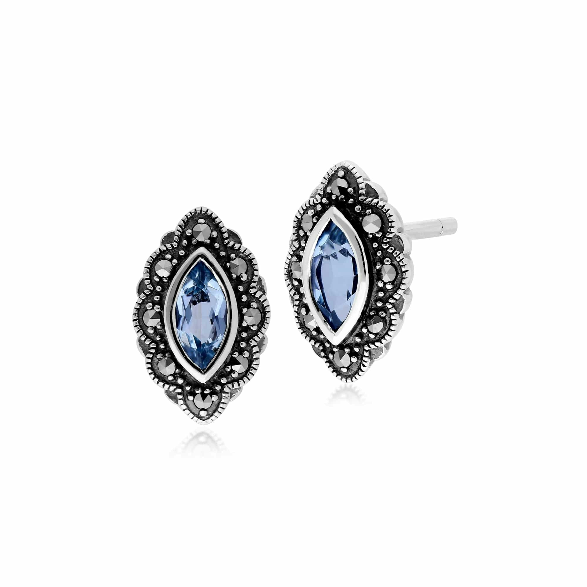 Gemondo Blue/Silver Art Nouveau Marquise Topaz & Marcasite Stud Earrings In 925 Sterling - Sterling Topaz & Marcasite Art Nouveau Stud Earrings