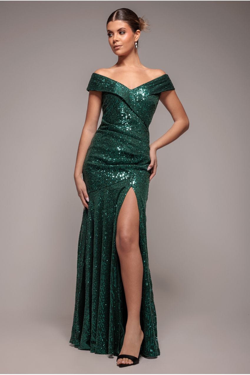 Goddiva Green Bardot Sequin Pleated Maxi Dress - Emerald By - Emerald - 10