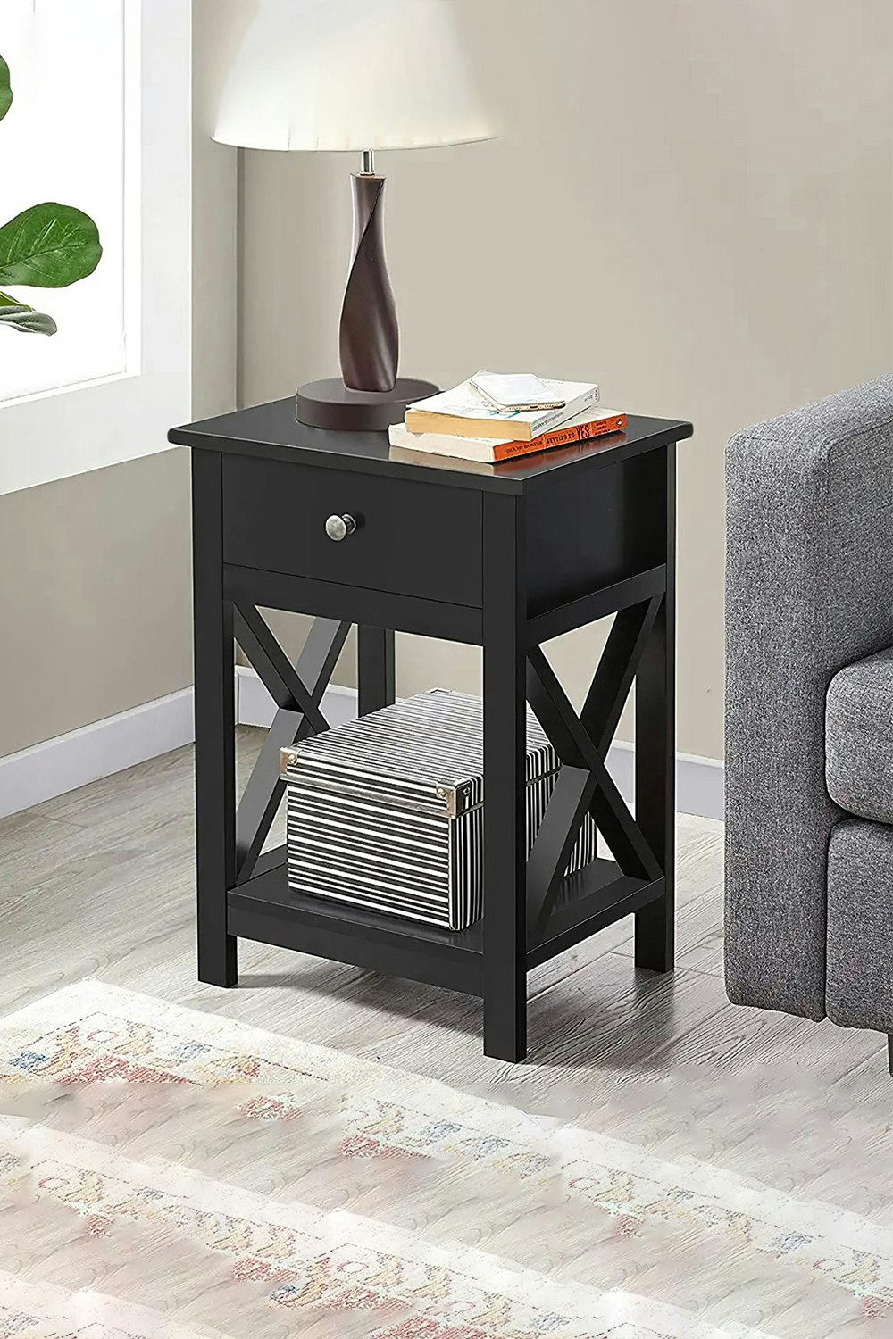 Rackhams Black 55.5Cm H One Drawer Wooden Bedside Table Night Stand With Shelf