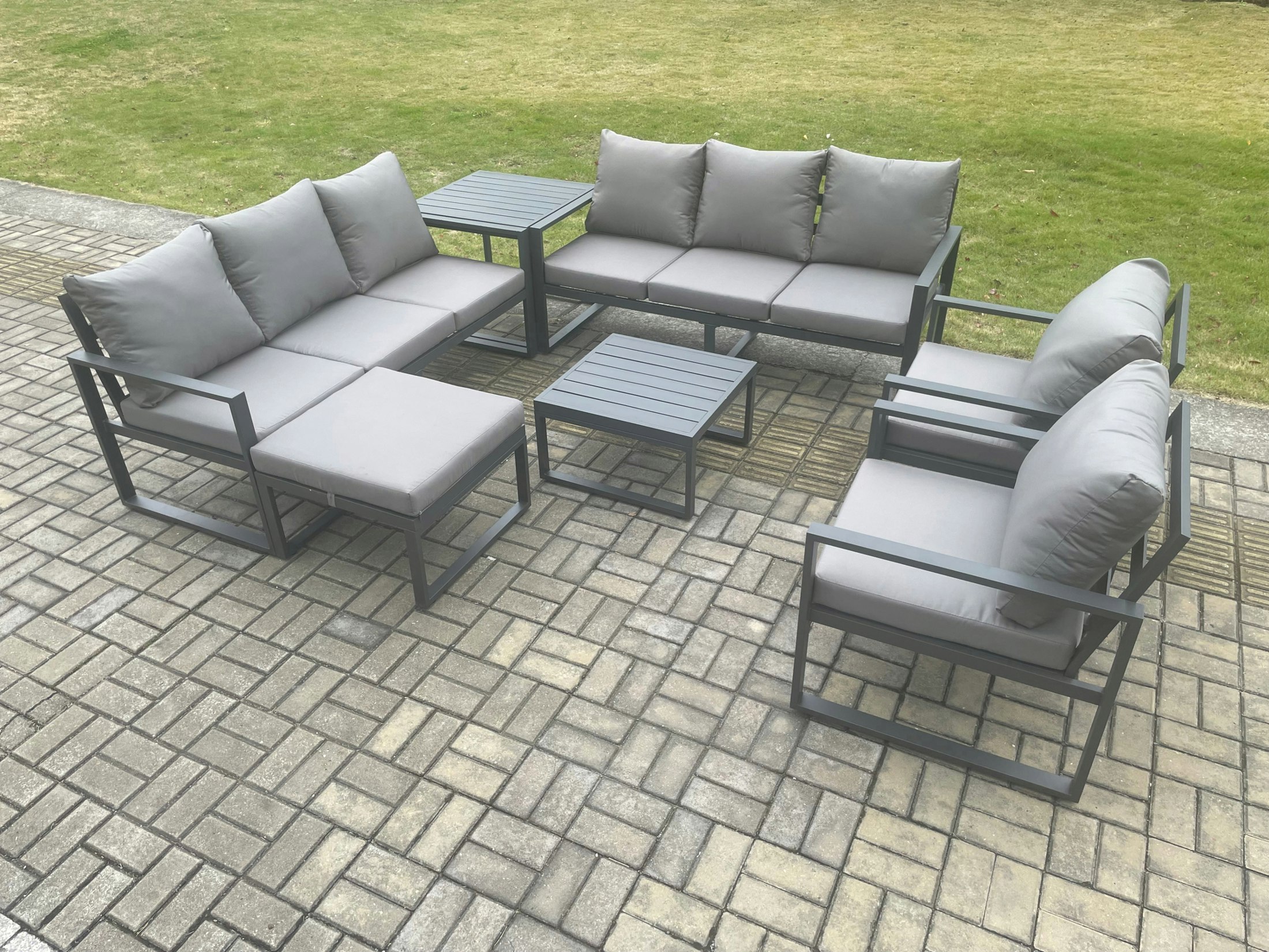 Fimous Dark/Grey Aluminium Patio Outdoor Garden Furniture Lounge Sofa Set With Square Coffee Table 2 Chairs Big Footstool Side Table