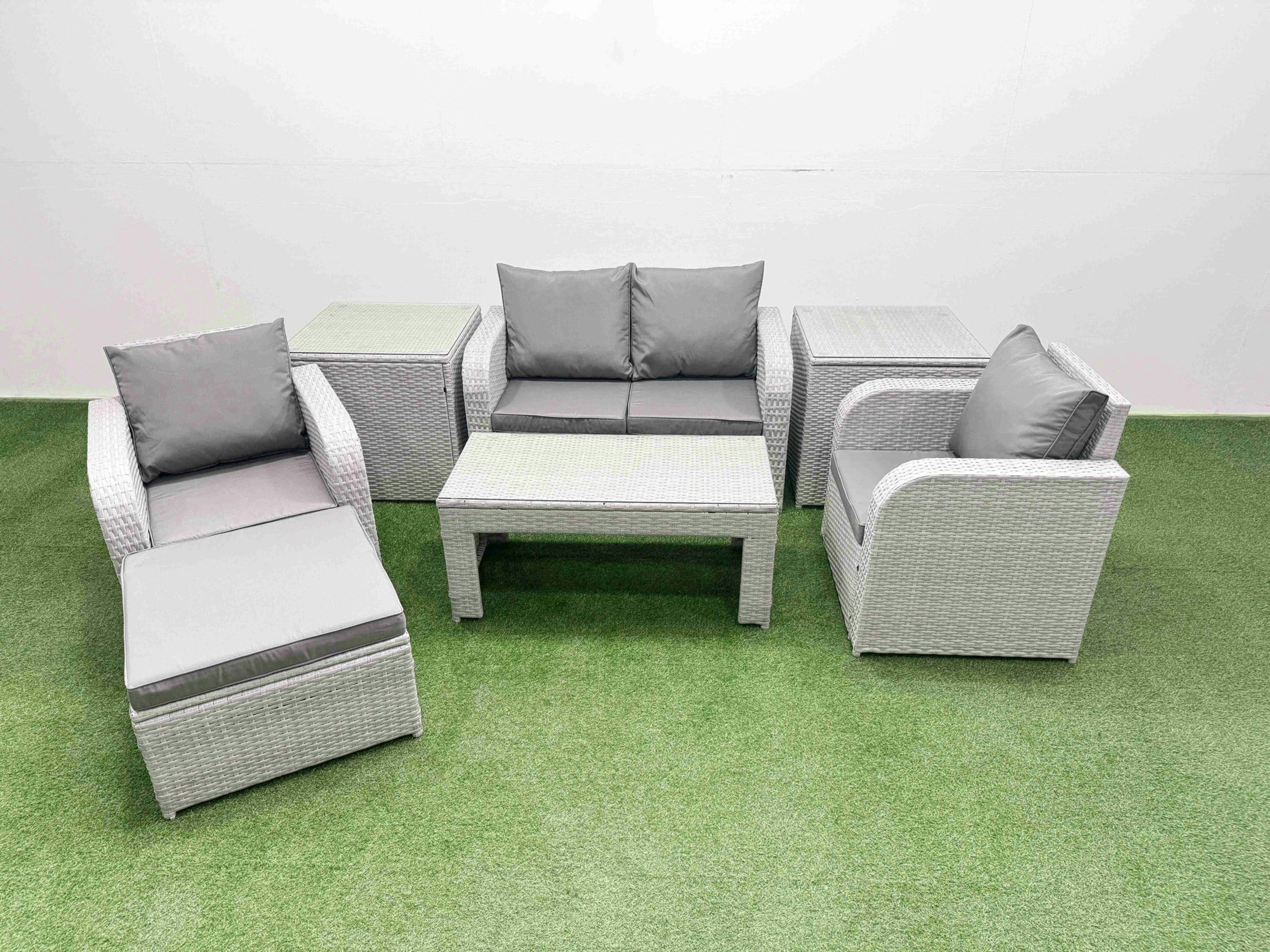Fimous Light/Grey Pe Wicker Rattan Garden Furniture Set Sofa Set Reclining Adjustable Chair Oblong Coffee Table 5 Seater With Footstool 2 Side Table