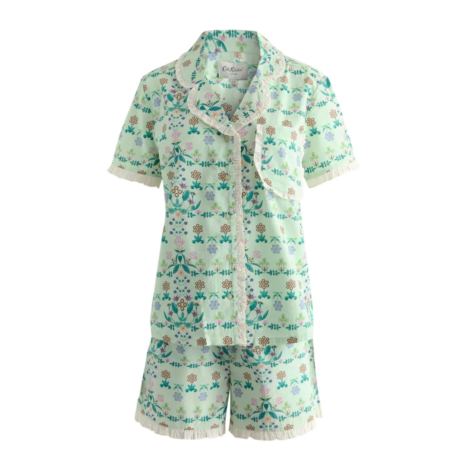 Cath Kidston Women's Green Flowers Frill Detail Pyjama Set - 18 Uk - 100% Cotton