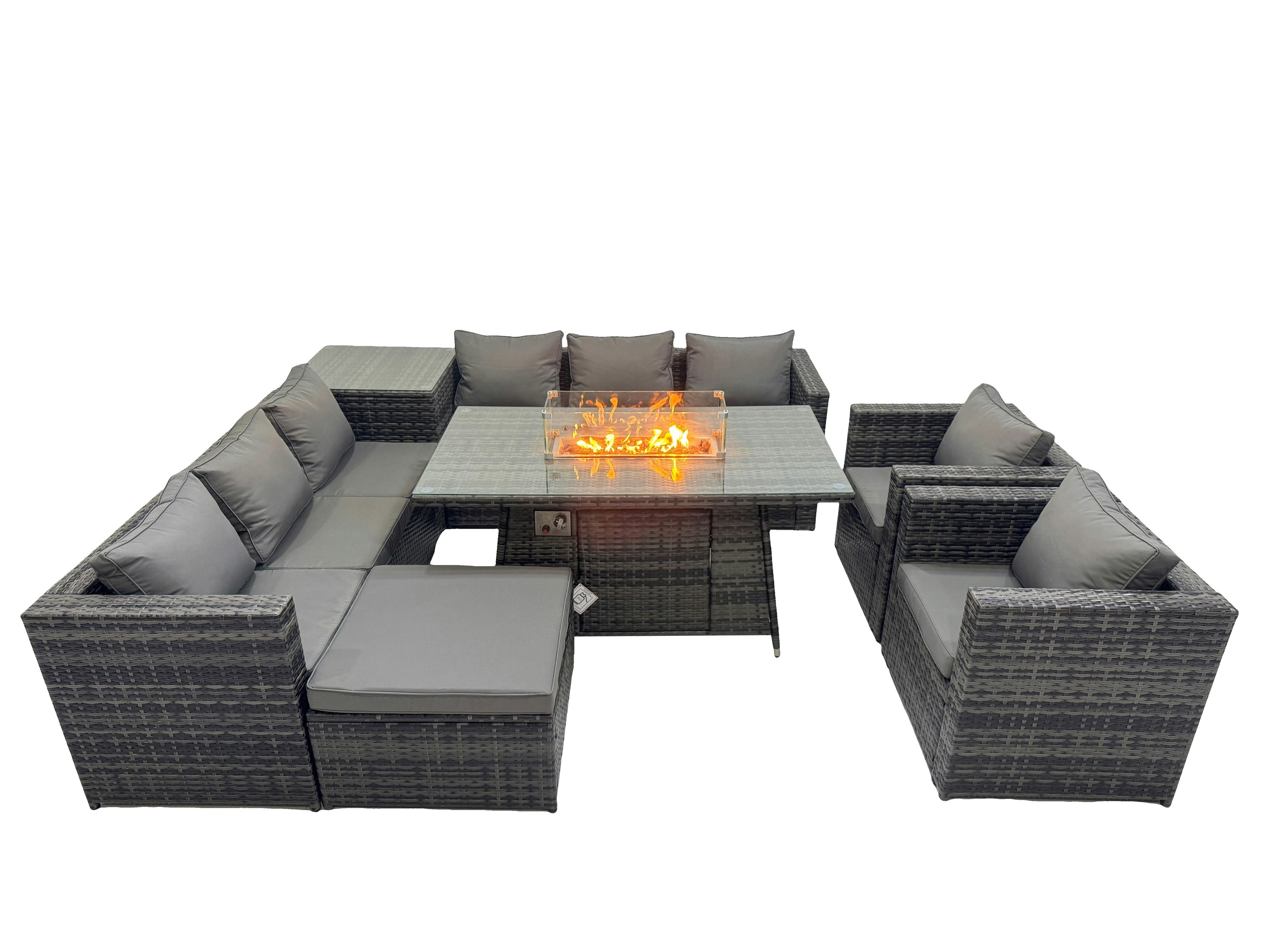 Rackhams Dark/Grey 9 Seater Garden Outdoor Rattan Furniture Set Patio Corner Sofa Gas Fire Pit Dining Table With Side Table Big Stool