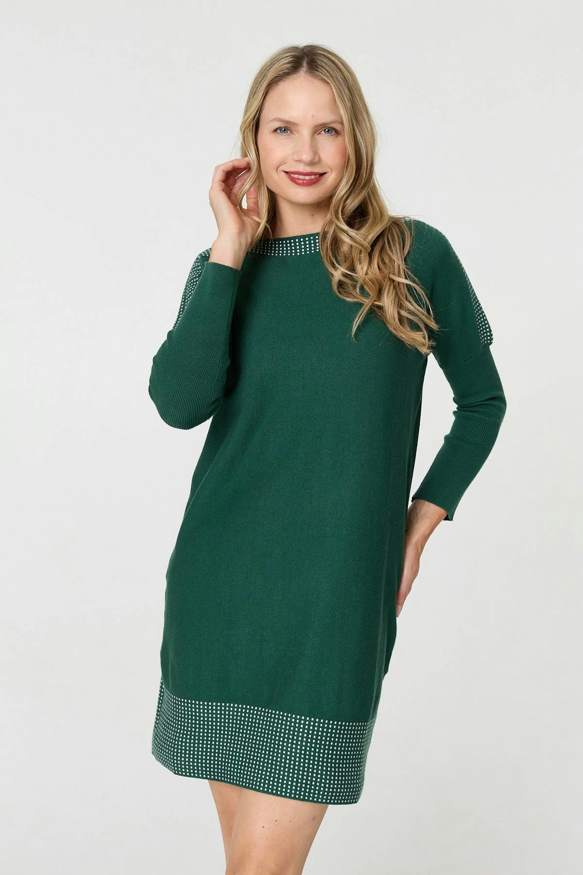 Izabel London Green Geo Print Long Sleeve Short Jumper Dress - Xl