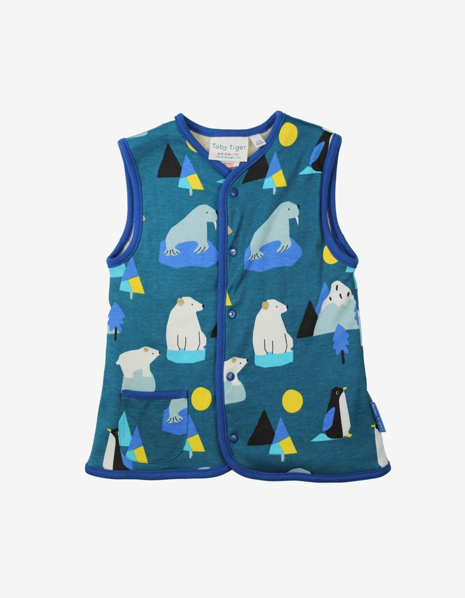 Toby Tiger Blue Organic Arctic Print Reversible Gilet - 6-7Y / 122Cm