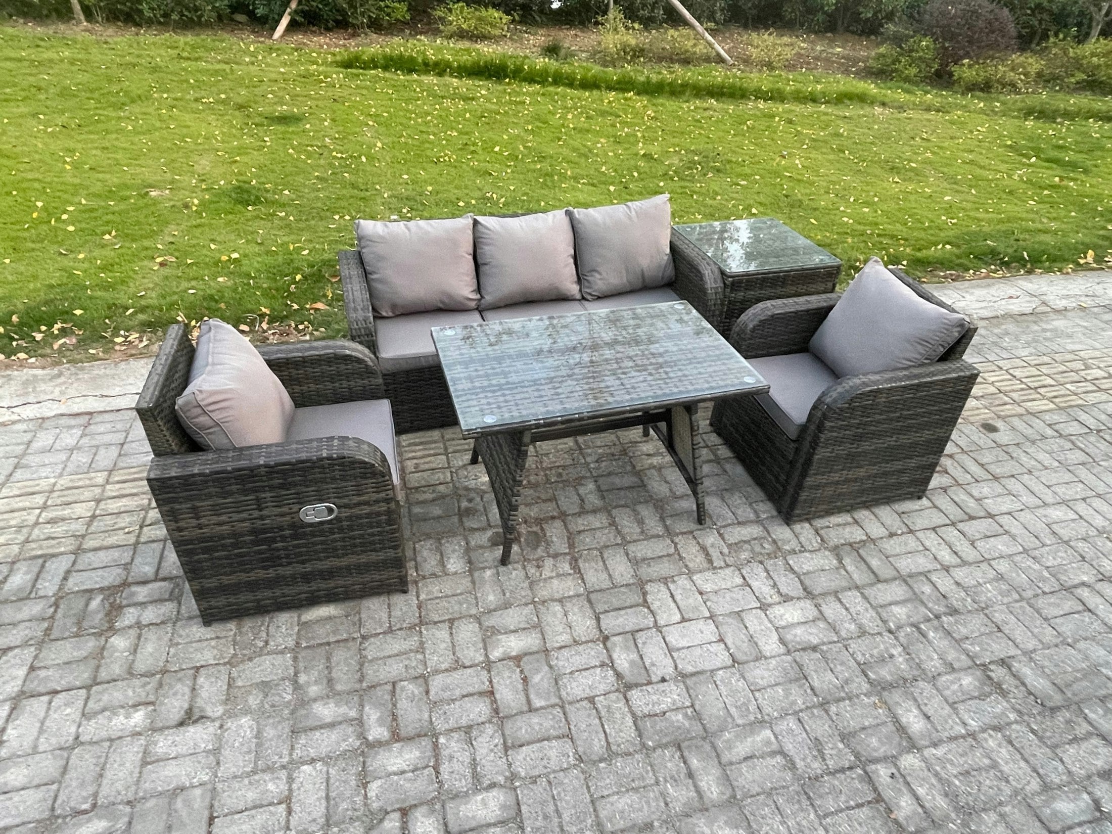 Rackhams Dark/Grey Rattan Wicker Garden Furniture Patio Conservatory Sofa Set With Rectangular Dining Table Reclining Chair 3 Seater Sofa Side Table