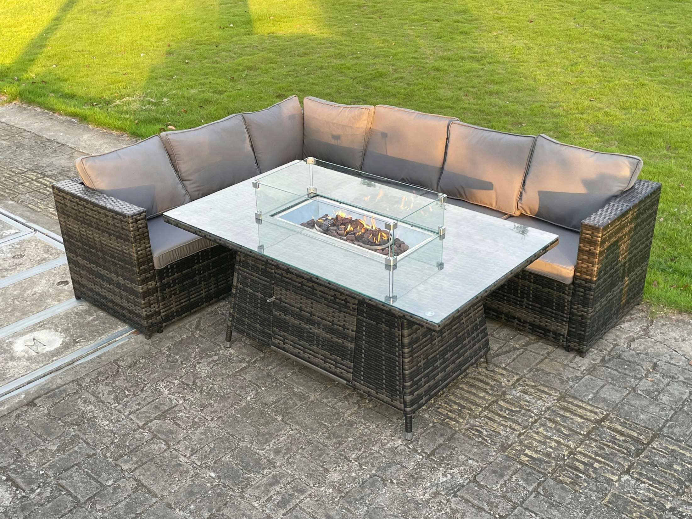 Rackhams Dark/Grey 6 Seater Outdoor Rattan Garden Corner Sofa Furniture Gas Fire Pit Table Sets Gas Heater Lounge