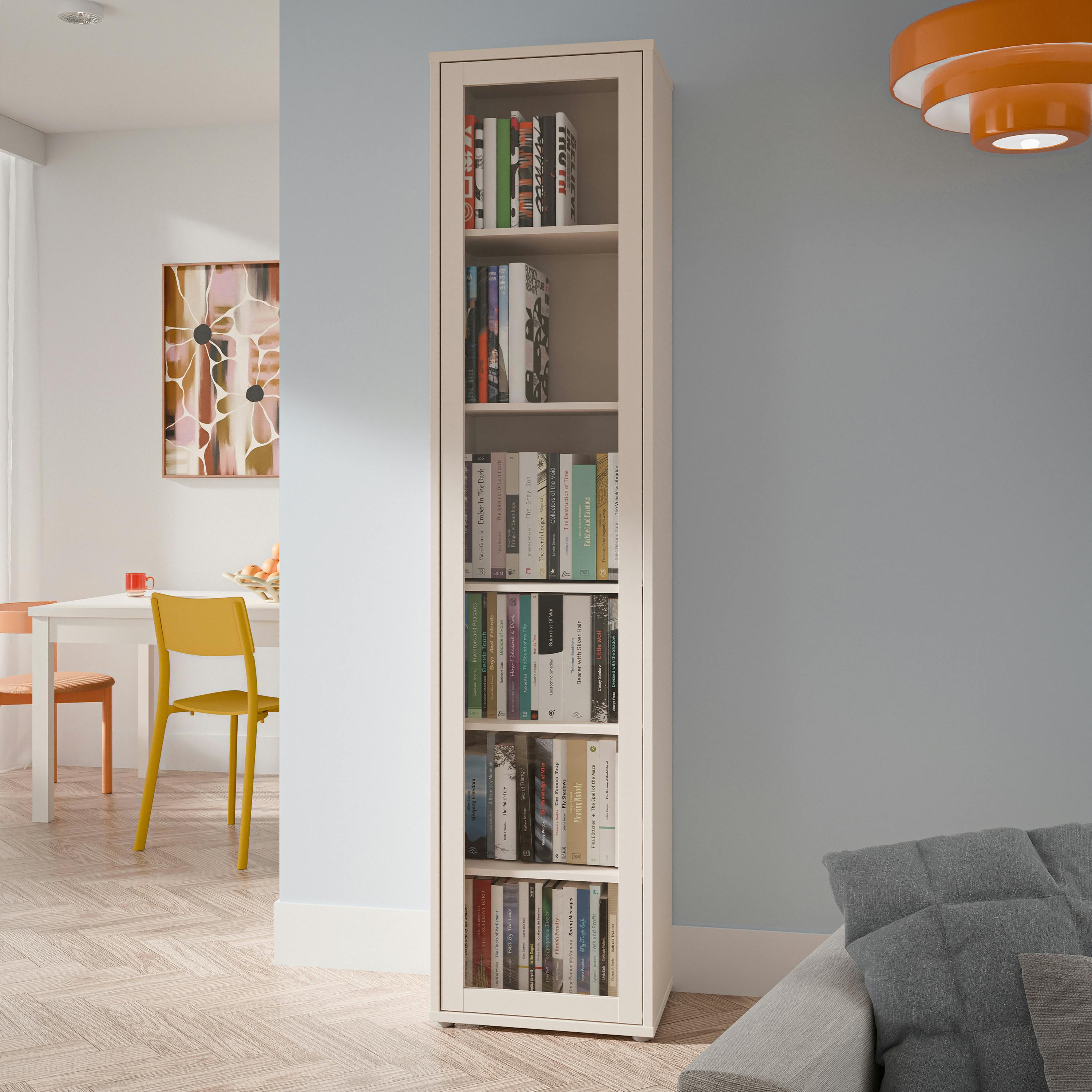 Furniture To Go Light Alice Springs Slim Tall Display Cabinet With 1 Glass Door Push-To-Open & 5 Shelves In Sand - Matt - Sand - W 49.8 X H 214.3 X D 34.9Cm