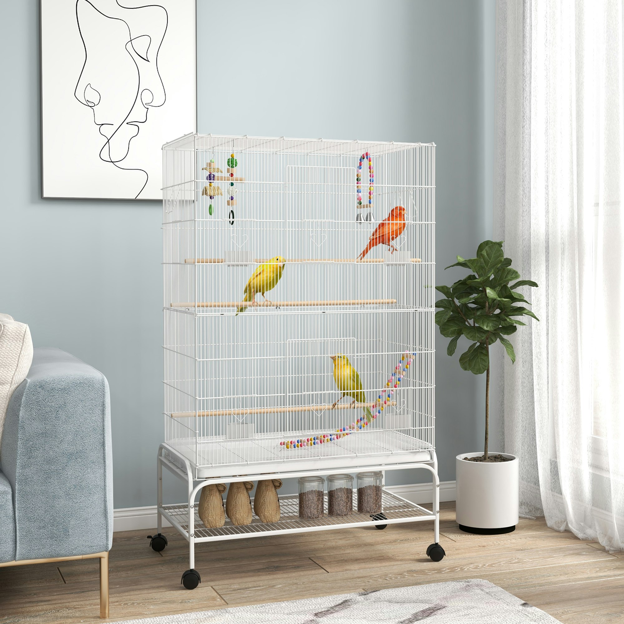 Pawhut Bird Cage, With Stand, Wheels, Toys, For Budgies, Finches, Parakeets - 79 X 49 X 133 Cm - 1 - Steel