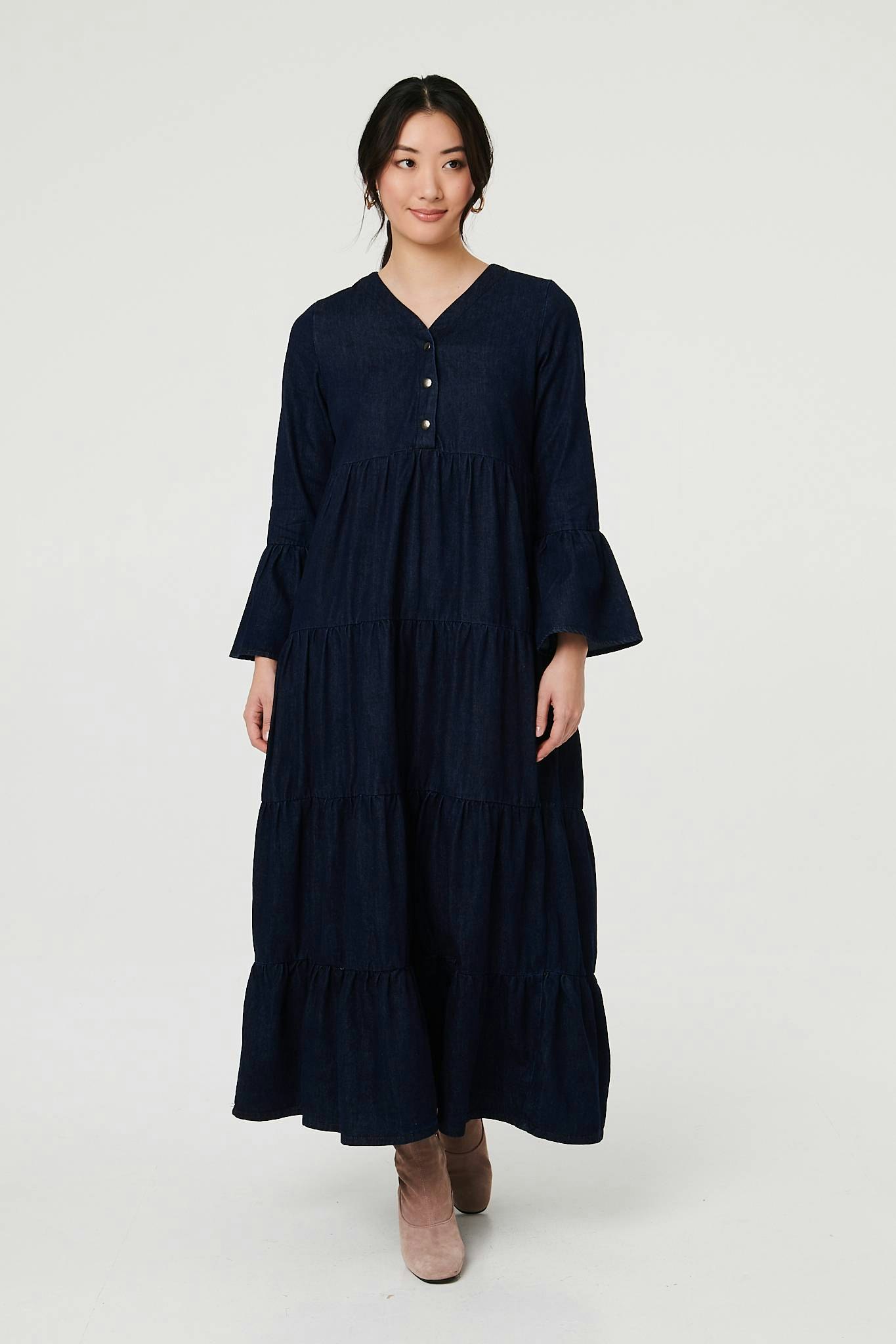 Izabel London Blue Tiered Long Sleeve Relaxed Maxi Dress - 10