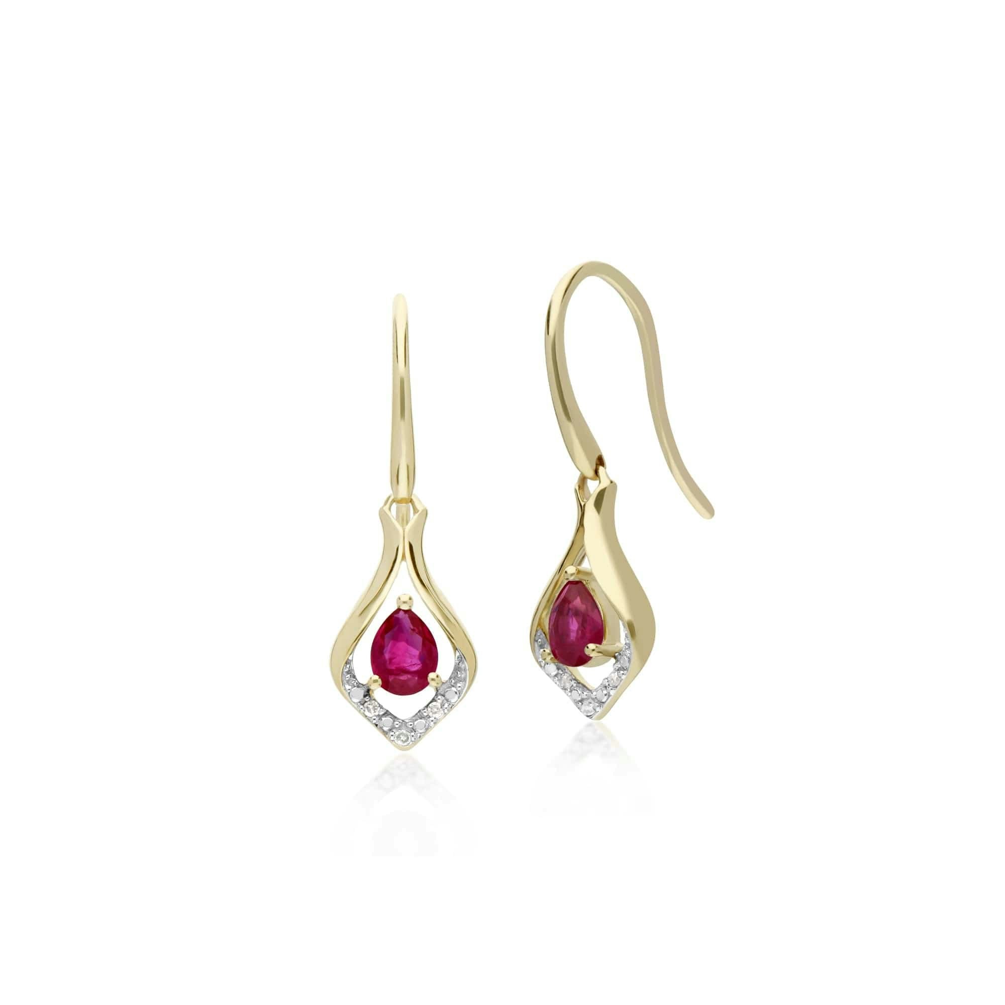 Gemondo Yellow/Gold Classic Pear Ruby & Diamond Leaf Halo Drop Earrings In 9Ct - 9Ct Ruby & Diamond Leaf Drop Earrings