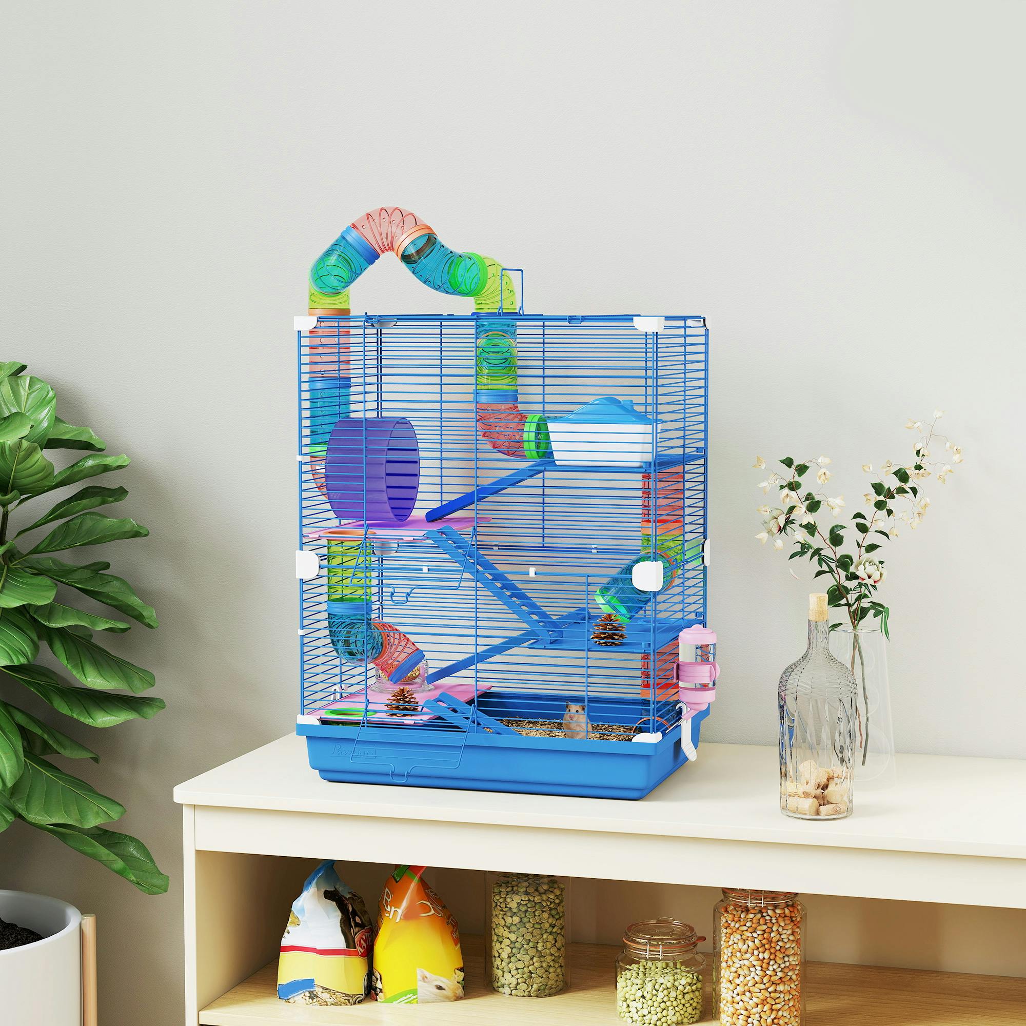 Pawhut Blue 5 Tier Hamster Cage Carrier Habitat W/ Exercise Wheels, - 46L X 30 W X 58 H Cm - 1 - Metal, Pp, Ps