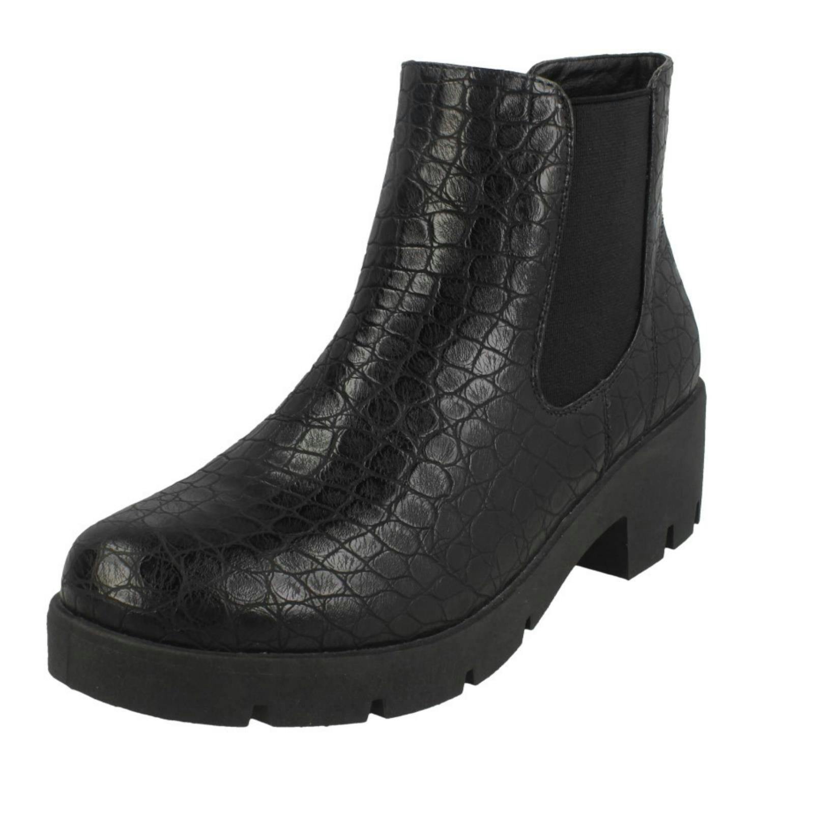 Spot On Women's Black Chunky Ankle Boots F50986 - Croc Print - Uk 4
