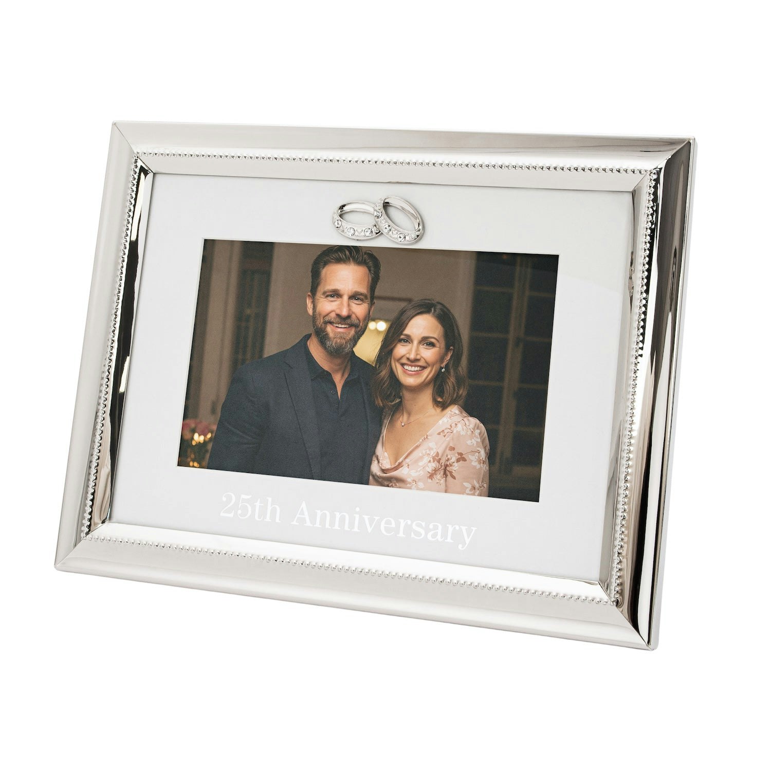 Rackhams Ivory/White/Silver 25Th Anniversary Picture Frame In Nickel Plating With Diamante Rings