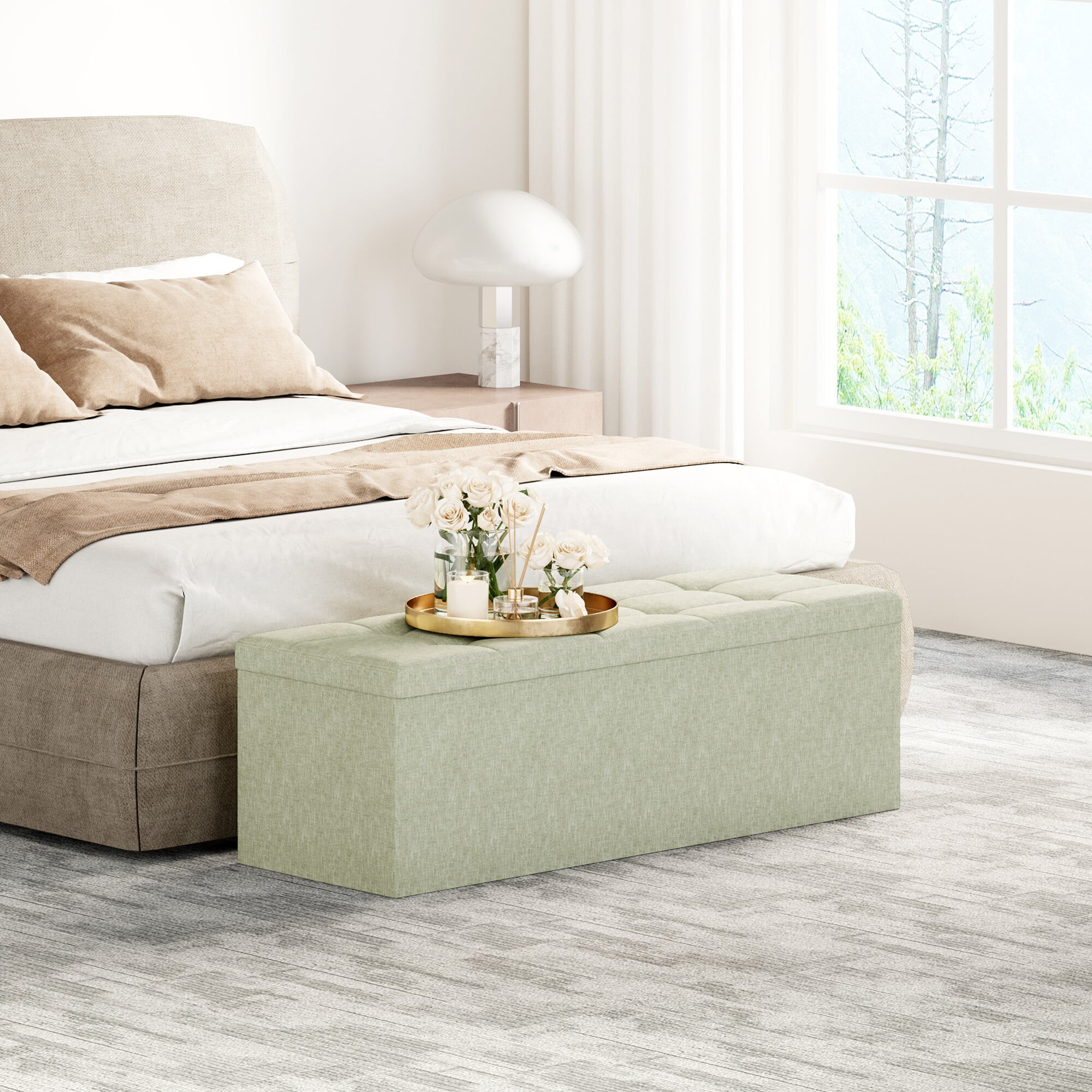 Mcc Direct 110Cm Large Foldable Storage Ottoman Bench Upholstered Footstool F - Beige - Image 3