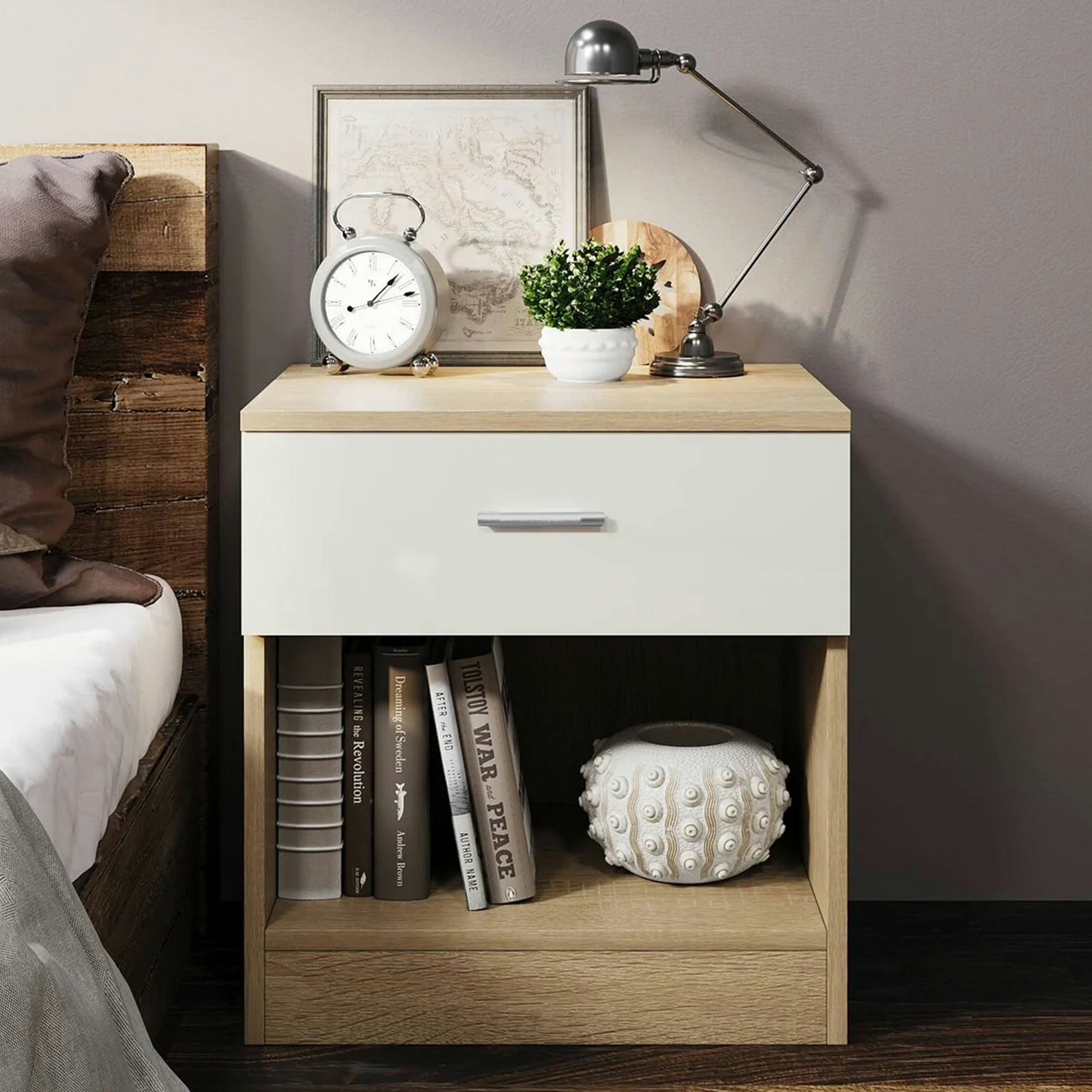 Comfy Living White High Gloss Bedroom Furniture 3 Piece Trio Set Wardrobe Chest Bedside - Oak/ Gloss - Bedside Table