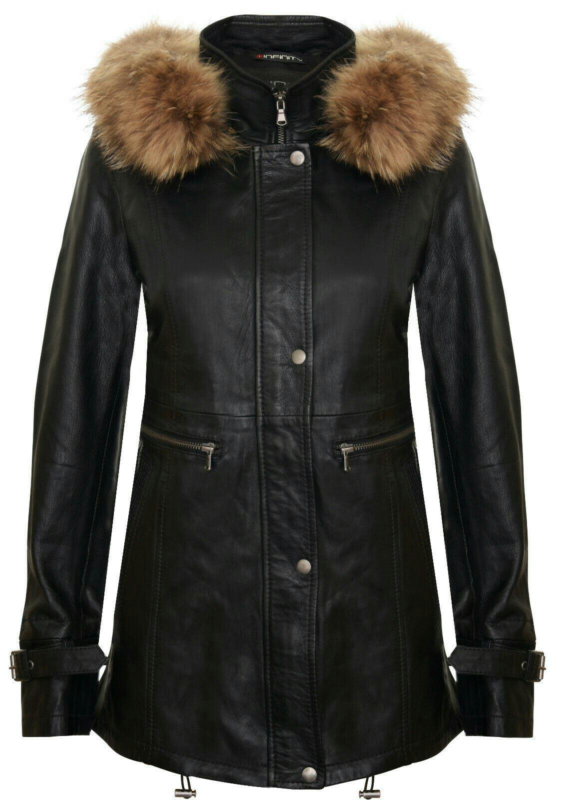 Infinity Leather Women's Black Warm Leather Hooded Parka Jacket-Northwich - Uk 2XL/18 | Eu 44 | Us 14