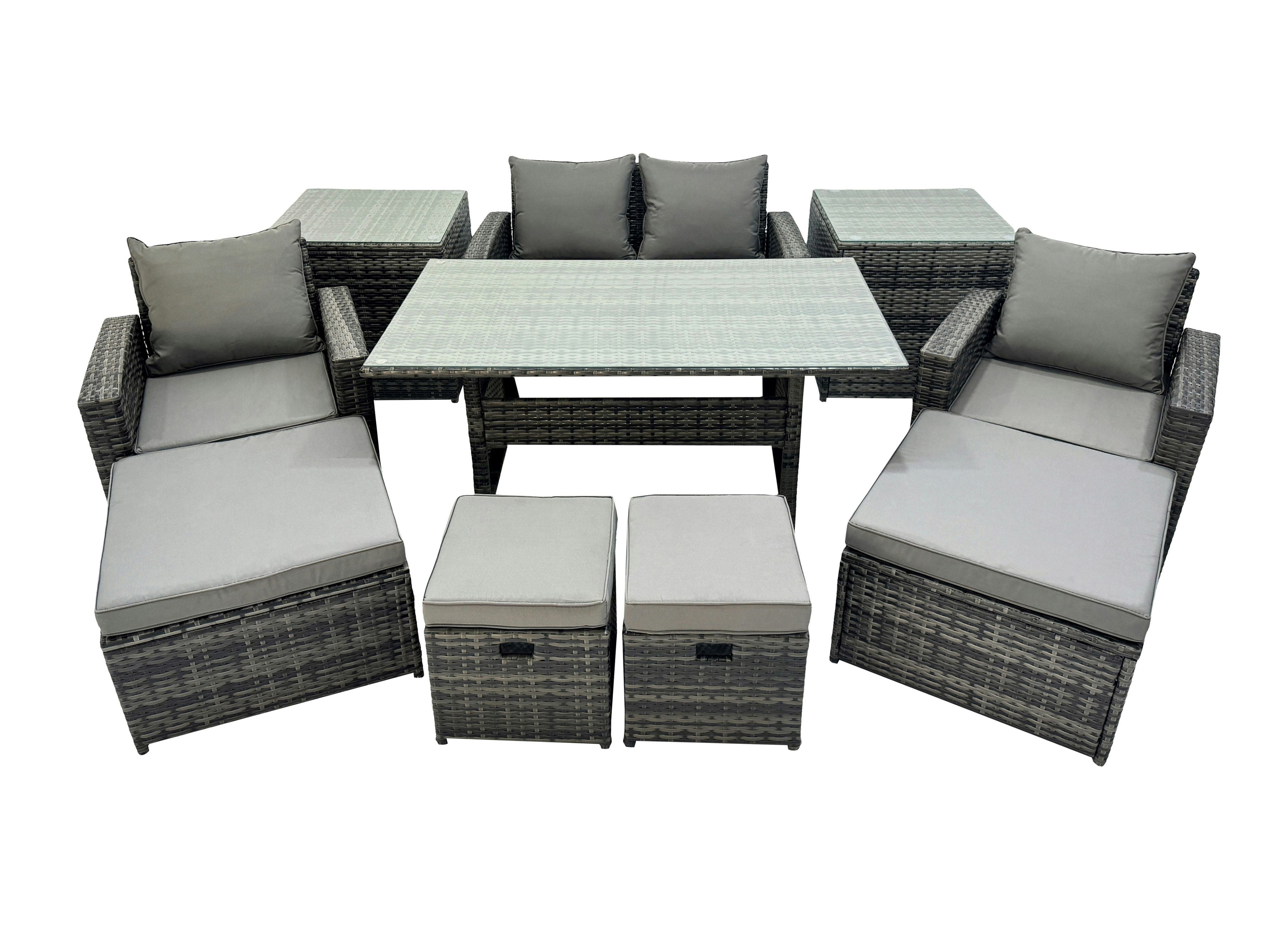 Rackhams Dark/Grey 8 Seater Rattan Garden Furniture Set With Dining Table, Sofa, 2 Side Tables, 2 Chairs & 4 Footstools