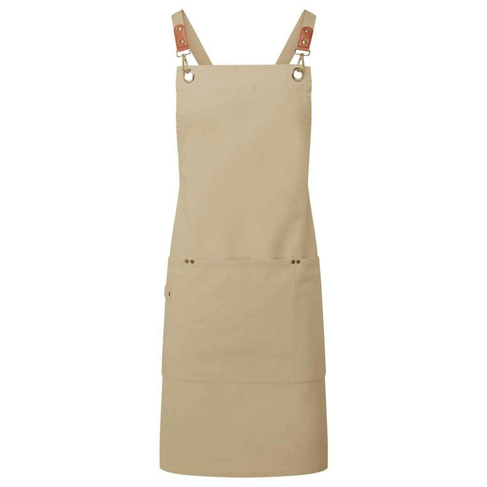 Premier Unisex Khaki Cross Back Clip Bib Apron In - Image 3