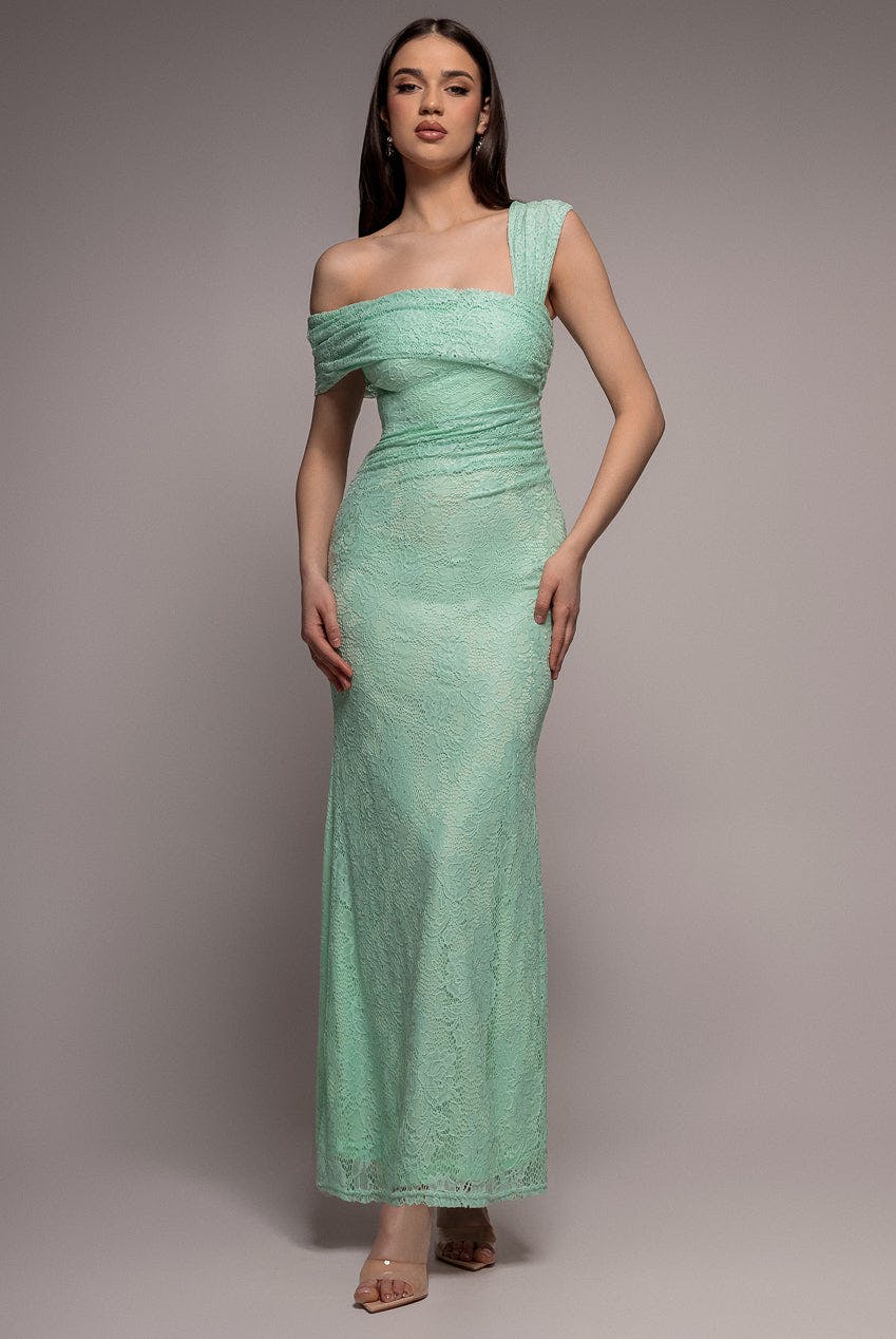 Goddiva Green One Shoulder Pleated Bardot Lace Maxi Dress - Mint By - Mint - 12