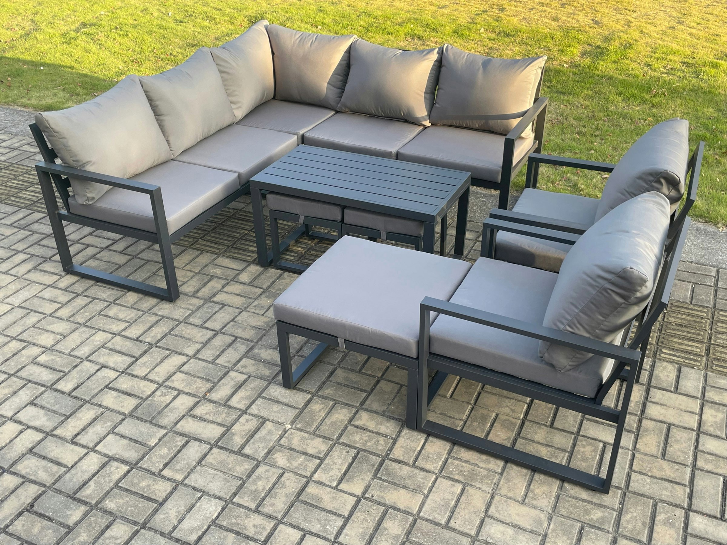 Rackhams Dark/Grey 10 Seater Aluminium Outdoor Garden Furniture Set Patio Lounge Sofa With Oblong Coffee Table 3 Footstools