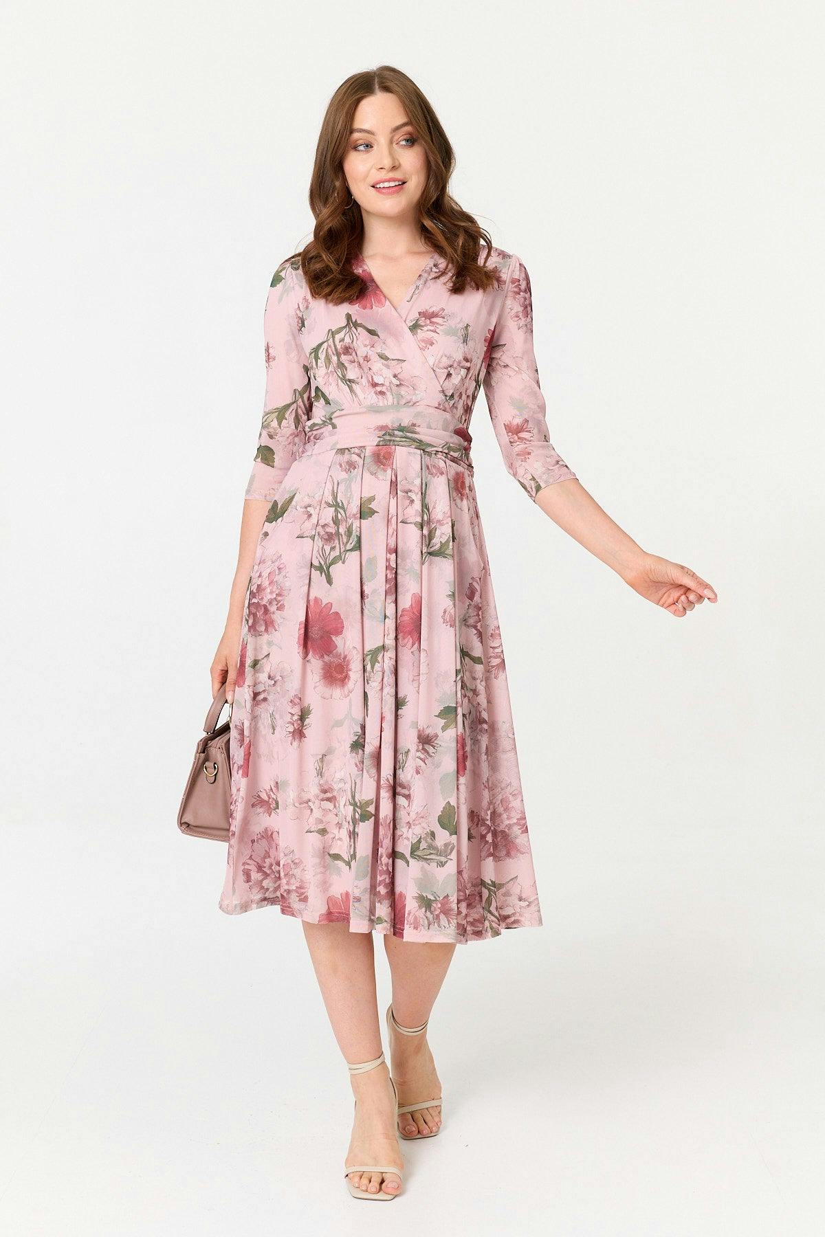 Izabel London Pink Floral 3/4 Sleeve Wrap Front Midi Dress - 14