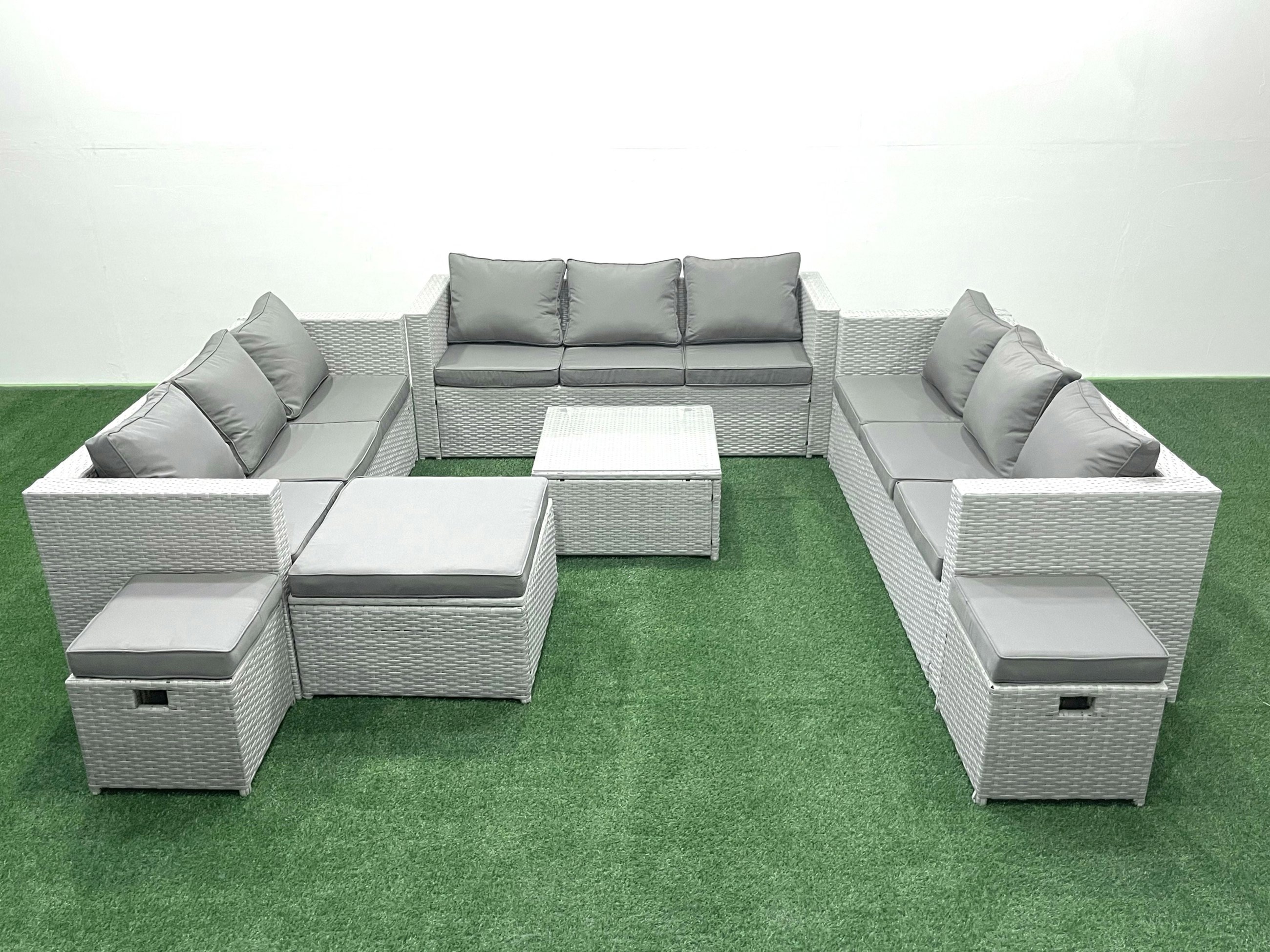 Rackhams Light/Grey Rattan Garden Outdoor Furniture Set 12 Seater Rattan Garden Sofa Set With 3 Footstools Mixed