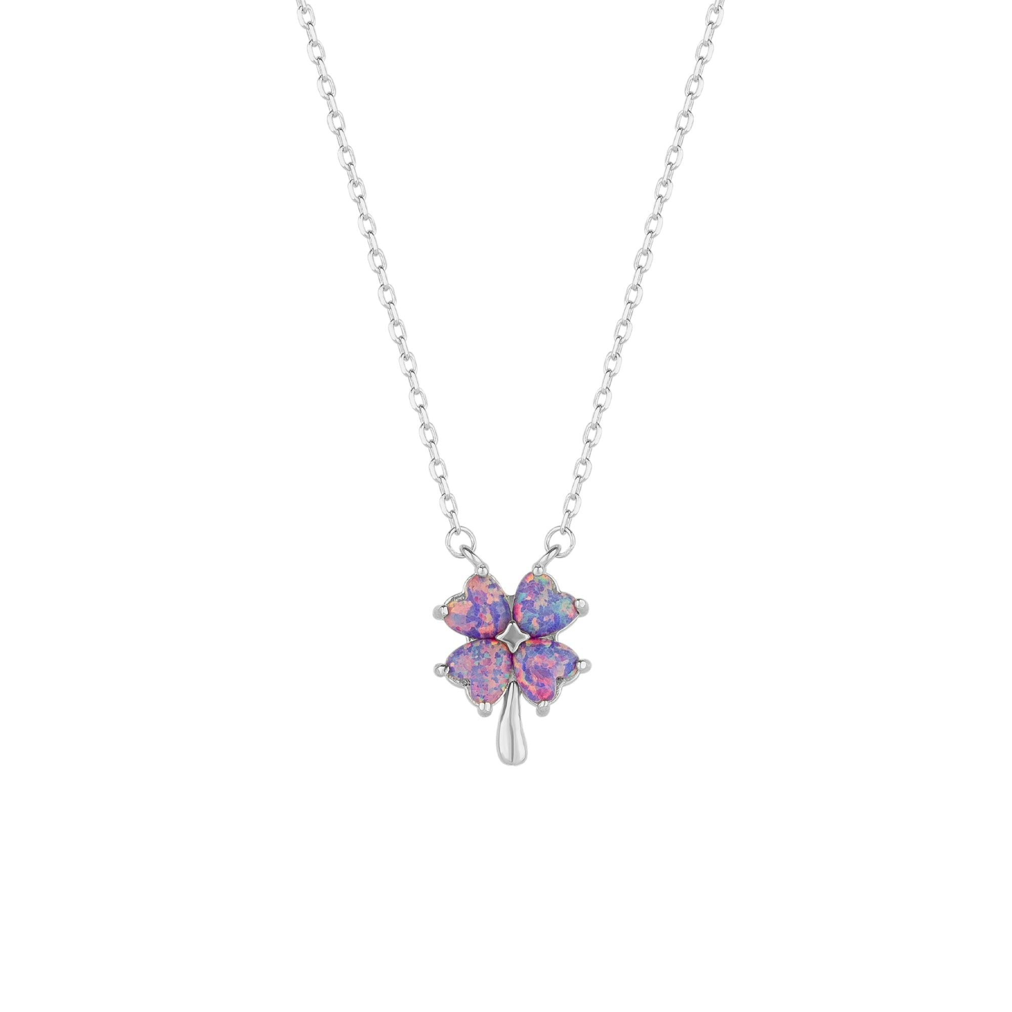 Spero London Pink/Purple/Silver & Opal Four Leaf Clover Sterling Necklace